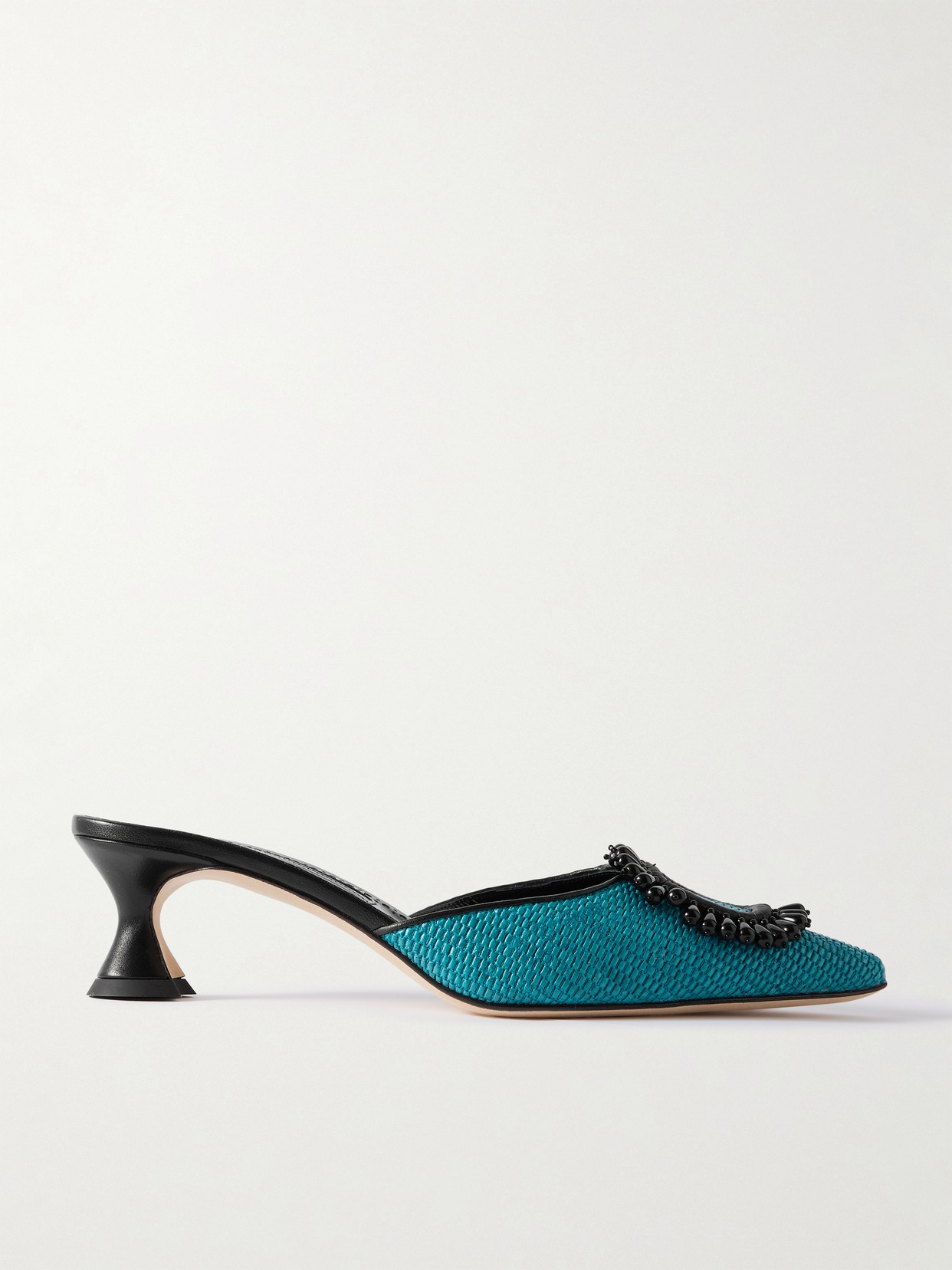 Manolo Blahnik Atikalo 50 Embellished Leather-trimmed Raffia Point-toe Mules In Blue