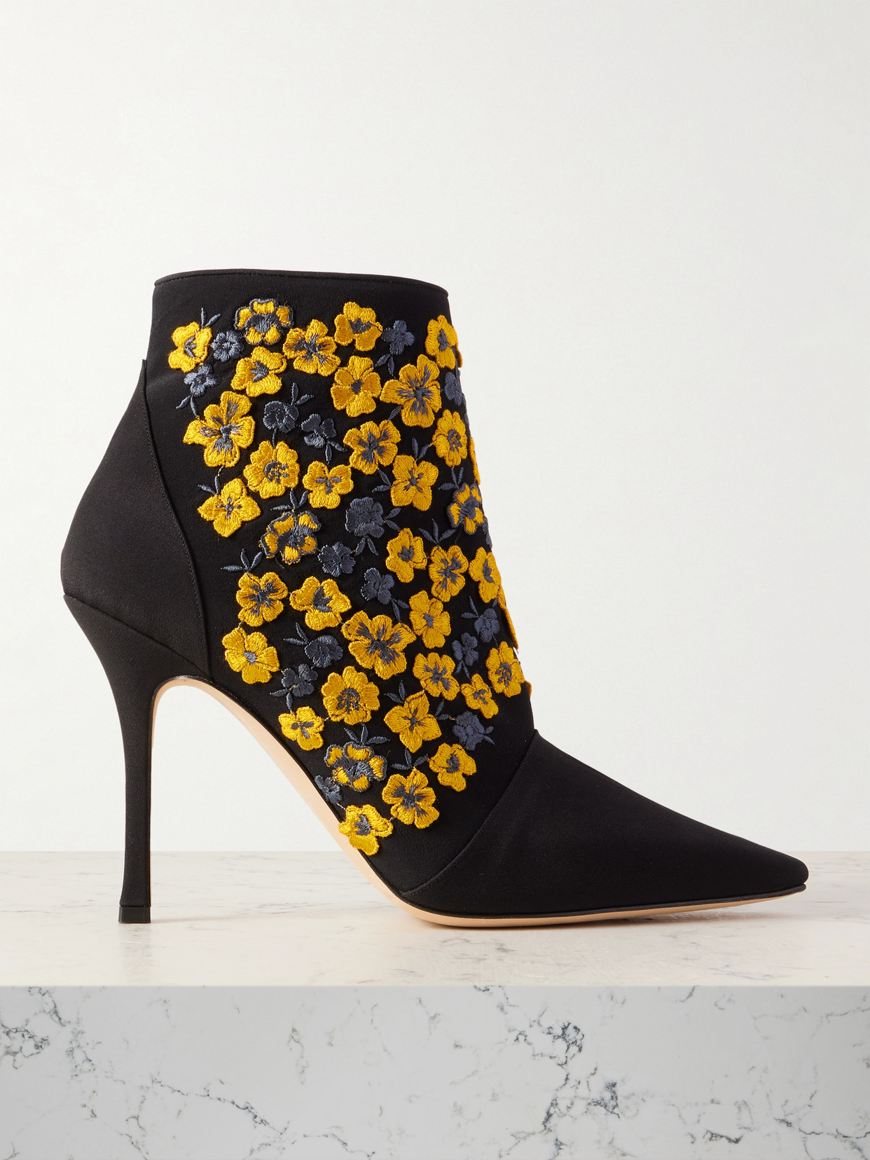 Manolo Blahnik Botiye 105 Embroidered Silk Crepe De Chine Ankle Boots In Black