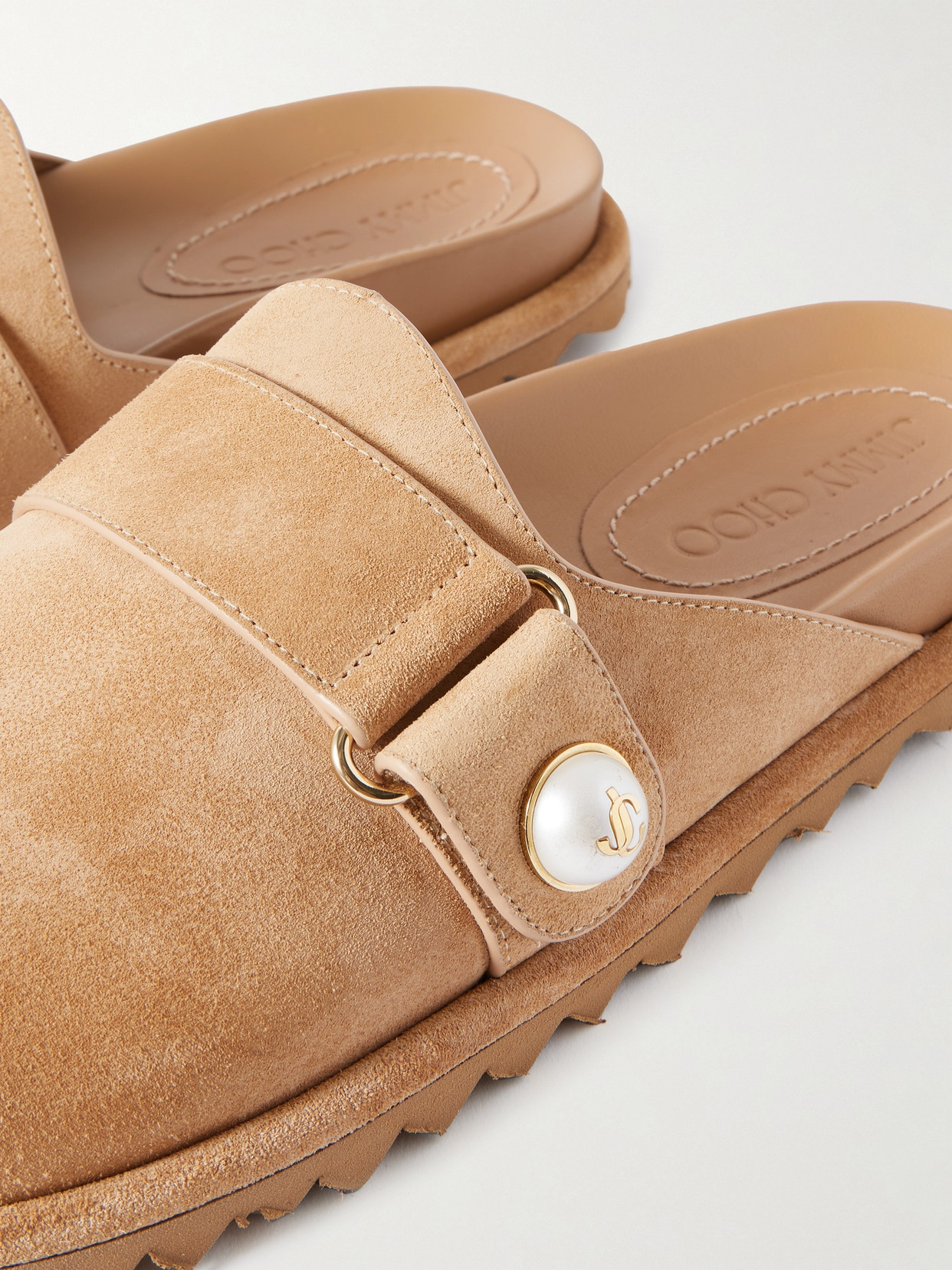Jimmy Choo Fayence Suede Pearly Buckle Mules In Brown
