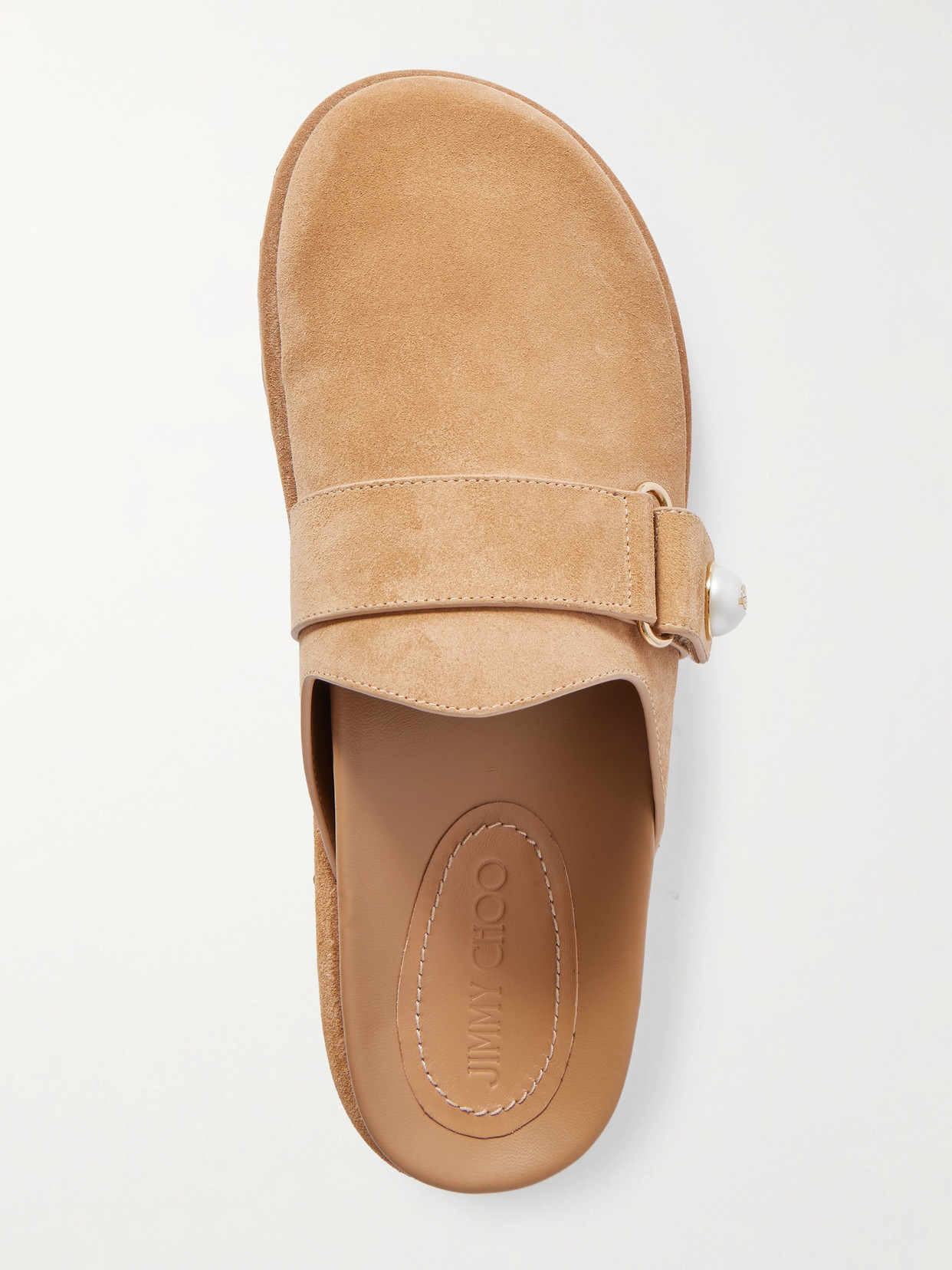 Jimmy Choo Fayence Suede Pearly Buckle Mules In Brown