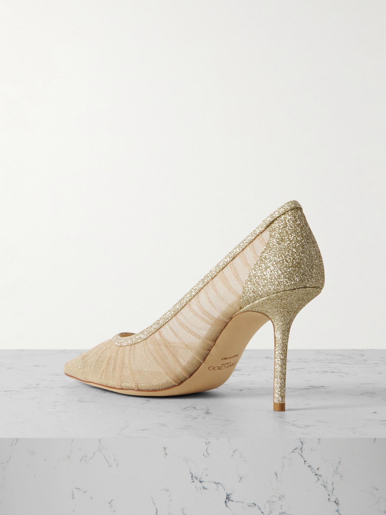 JIMMY CHOO LOVE 85 GATHERED GLITTERED TULLE PUMPS