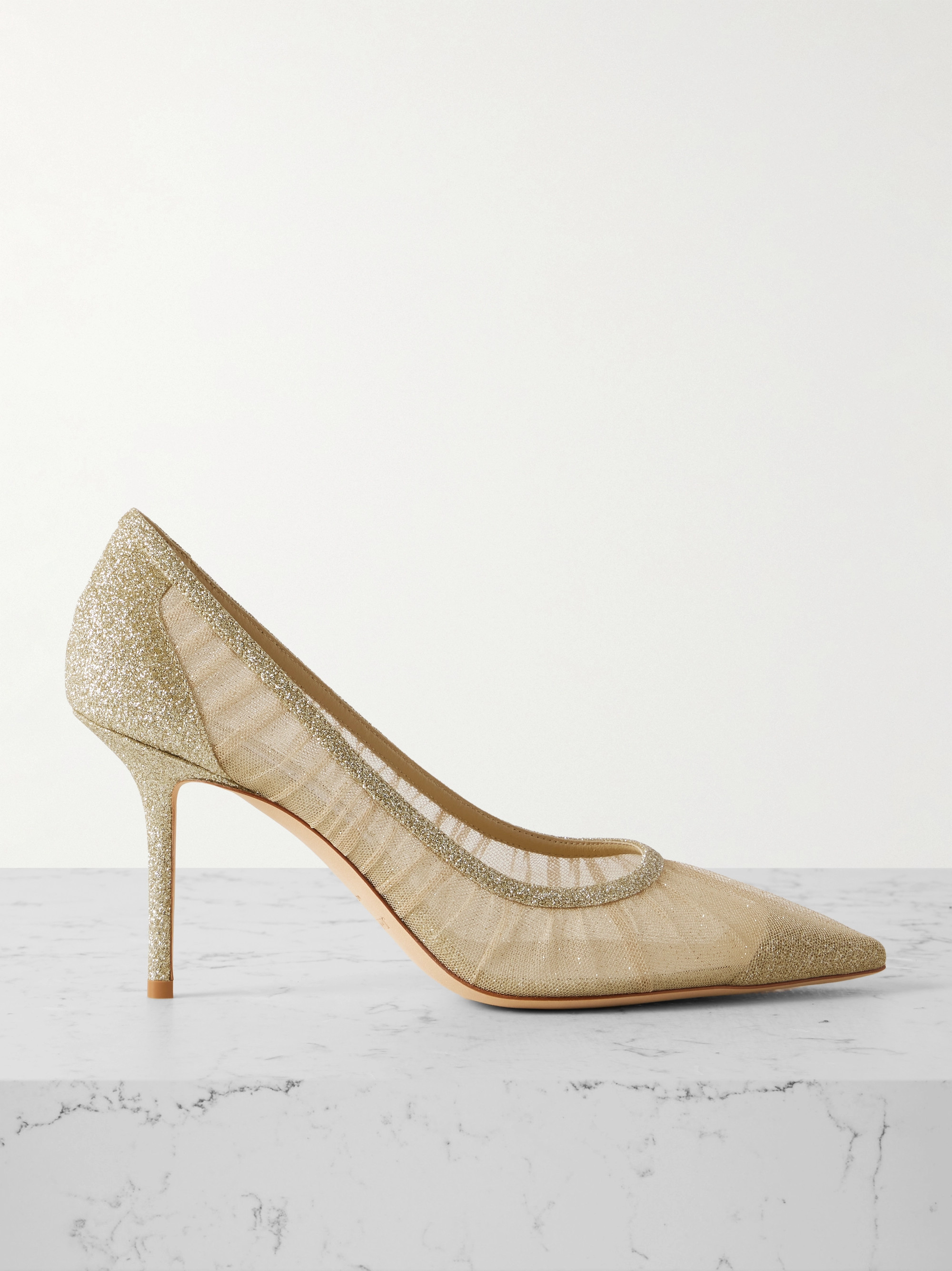 JIMMY CHOO Love 85 gathered glittered tulle pumps