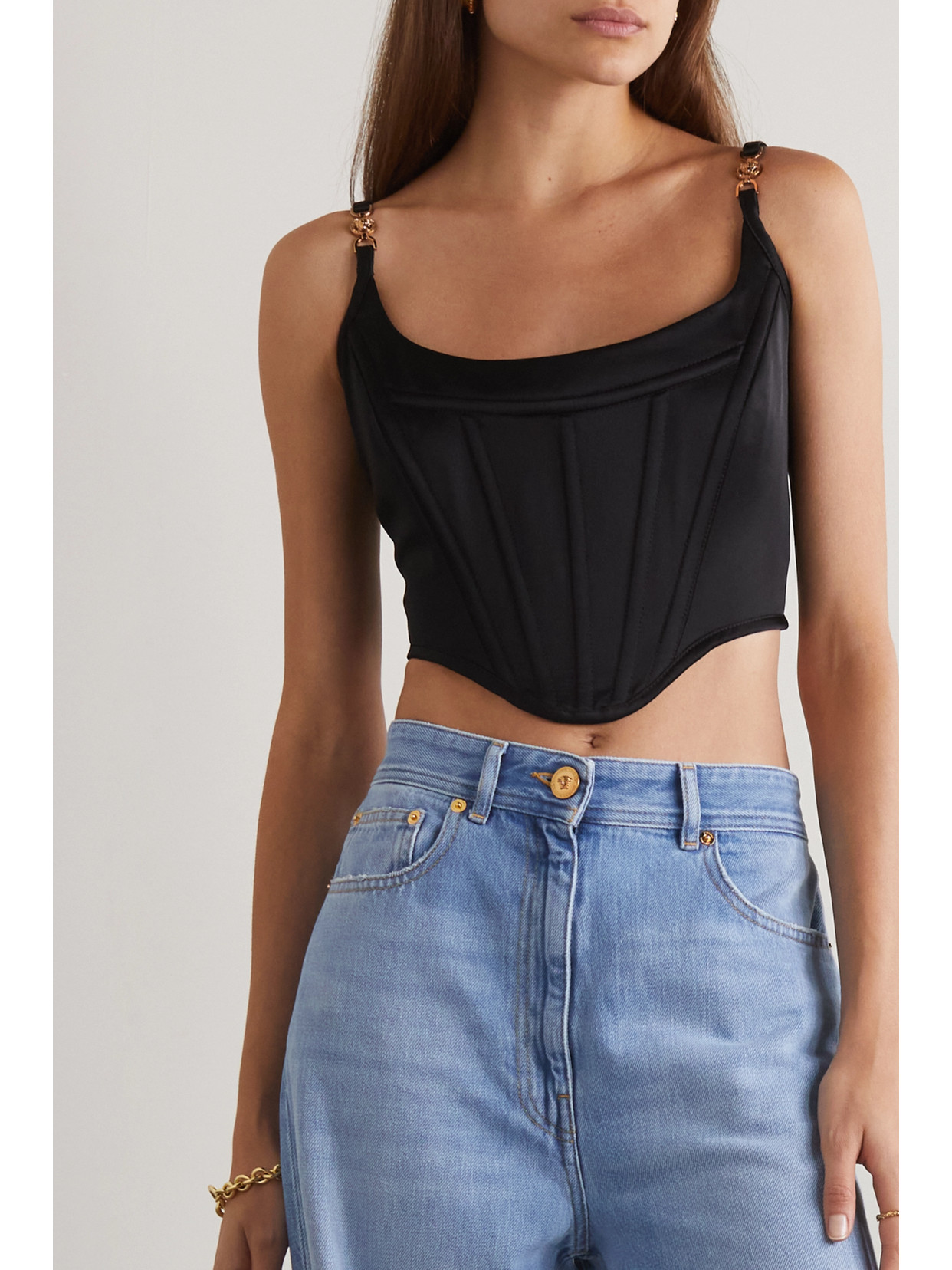Icons Cropped Embellished Satin Bustier Top