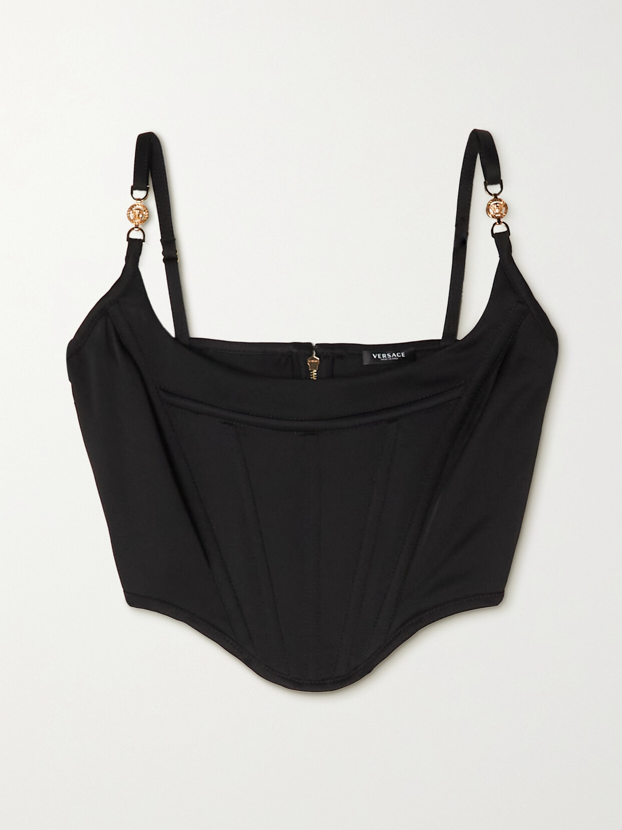 VERSACE ICONS CROPPED EMBELLISHED SATIN BUSTIER TOP