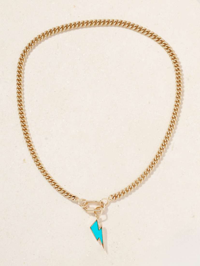 Marla Aaron Babylock + Lightning Bolt + Heavy Curb Chain 14-karat Gold Turquoise Necklace