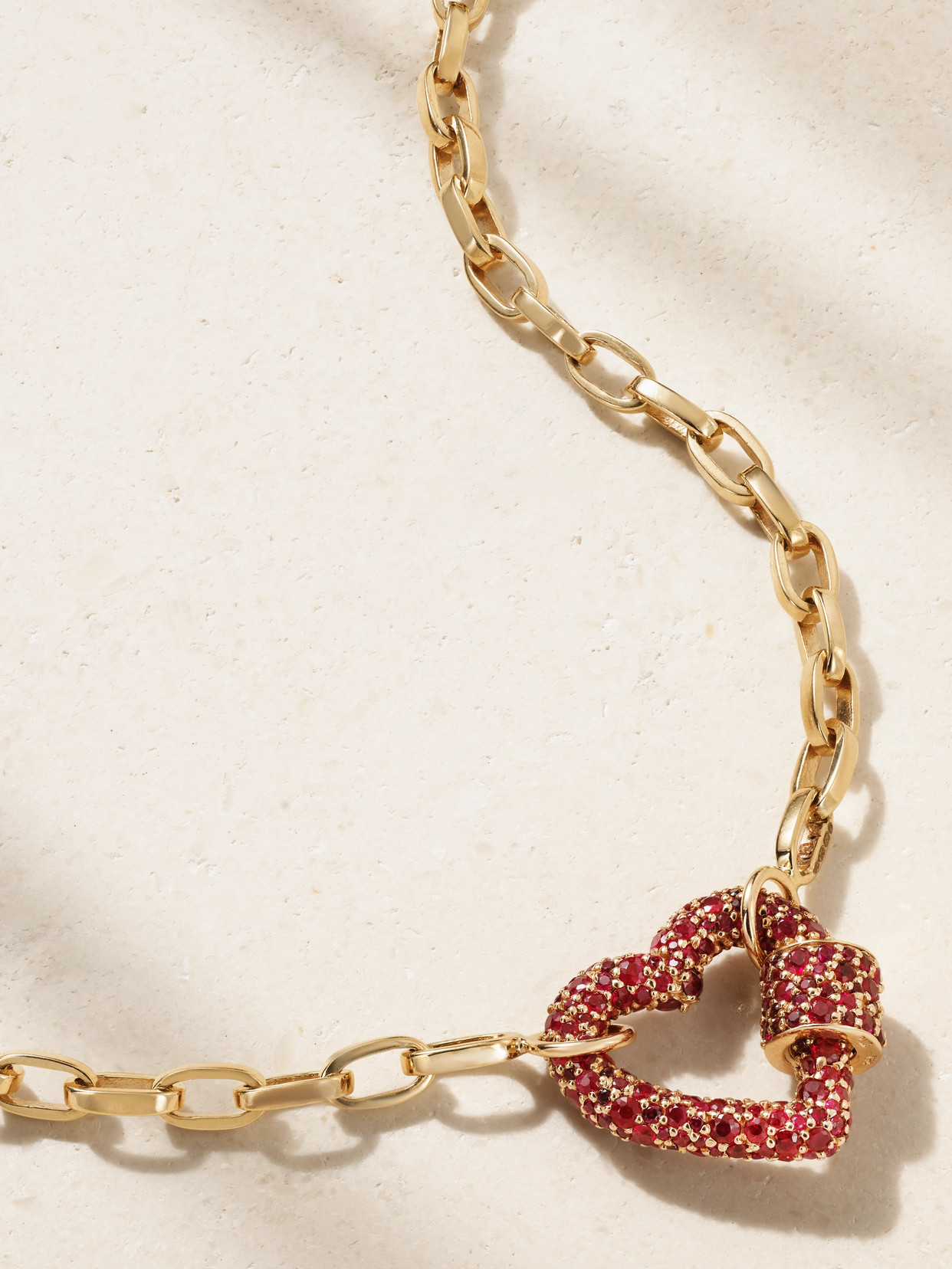 Marla Aaron Allstone Heartlock + Biker Chain 14 And 18-karat Gold Ruby Necklace In Gold