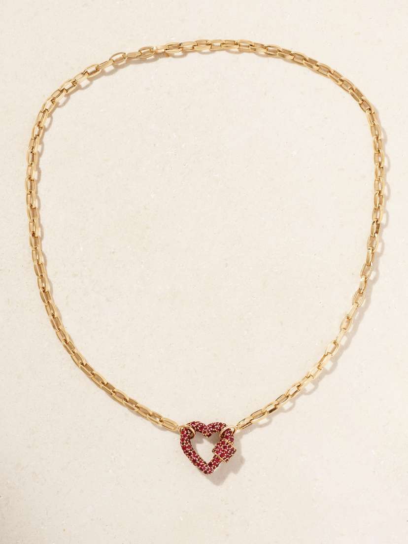 Marla Aaron Allstone Heartlock + Biker Chain 14 And 18-karat Gold Ruby Necklace