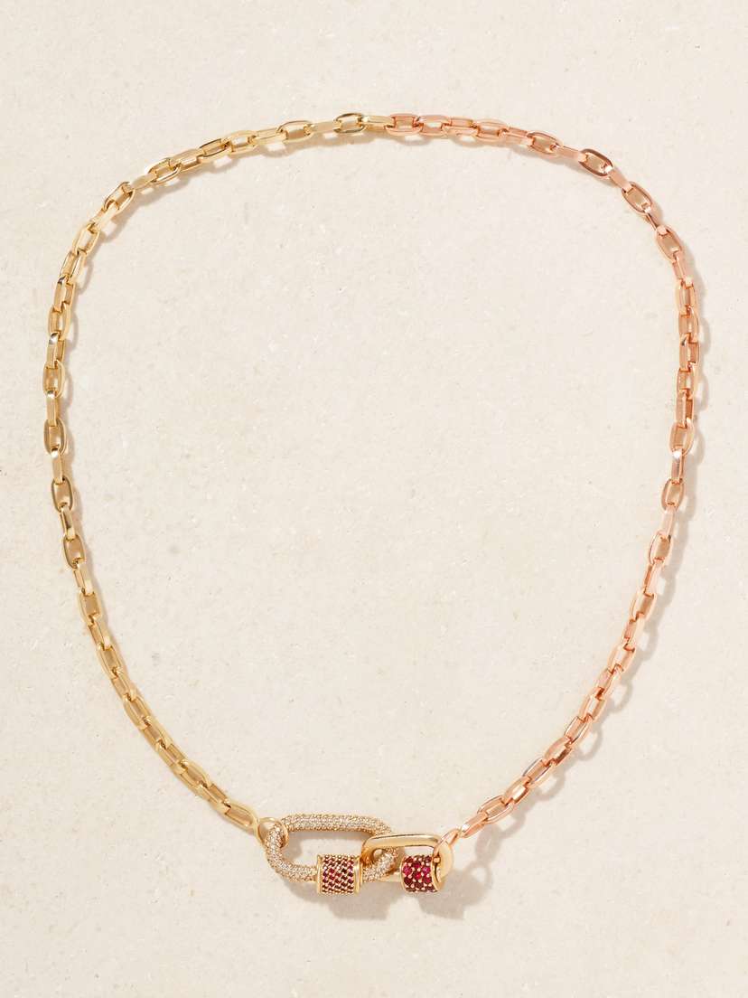 Marla Aaron Allstone Lock + Stoned Chubby Babylock + Biker Chain 14-karat Yellow And Rose Gold, Ruby And Diamond Necklace