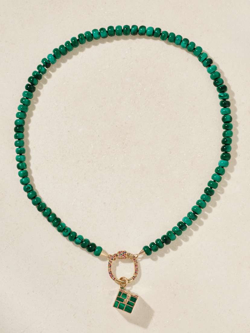 Marla Aaron Allstone Trundle Lock Ring + Inlay Charmed Box + Rondelle Strand 18-karat Gold, Malachite And Sapphire Necklace