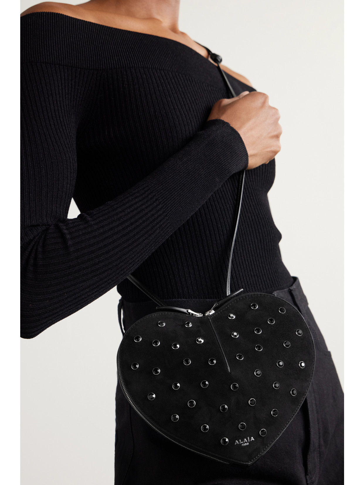 Alaïa Le Coeur Crystal-embellished Suede Shoulder Bag In Black