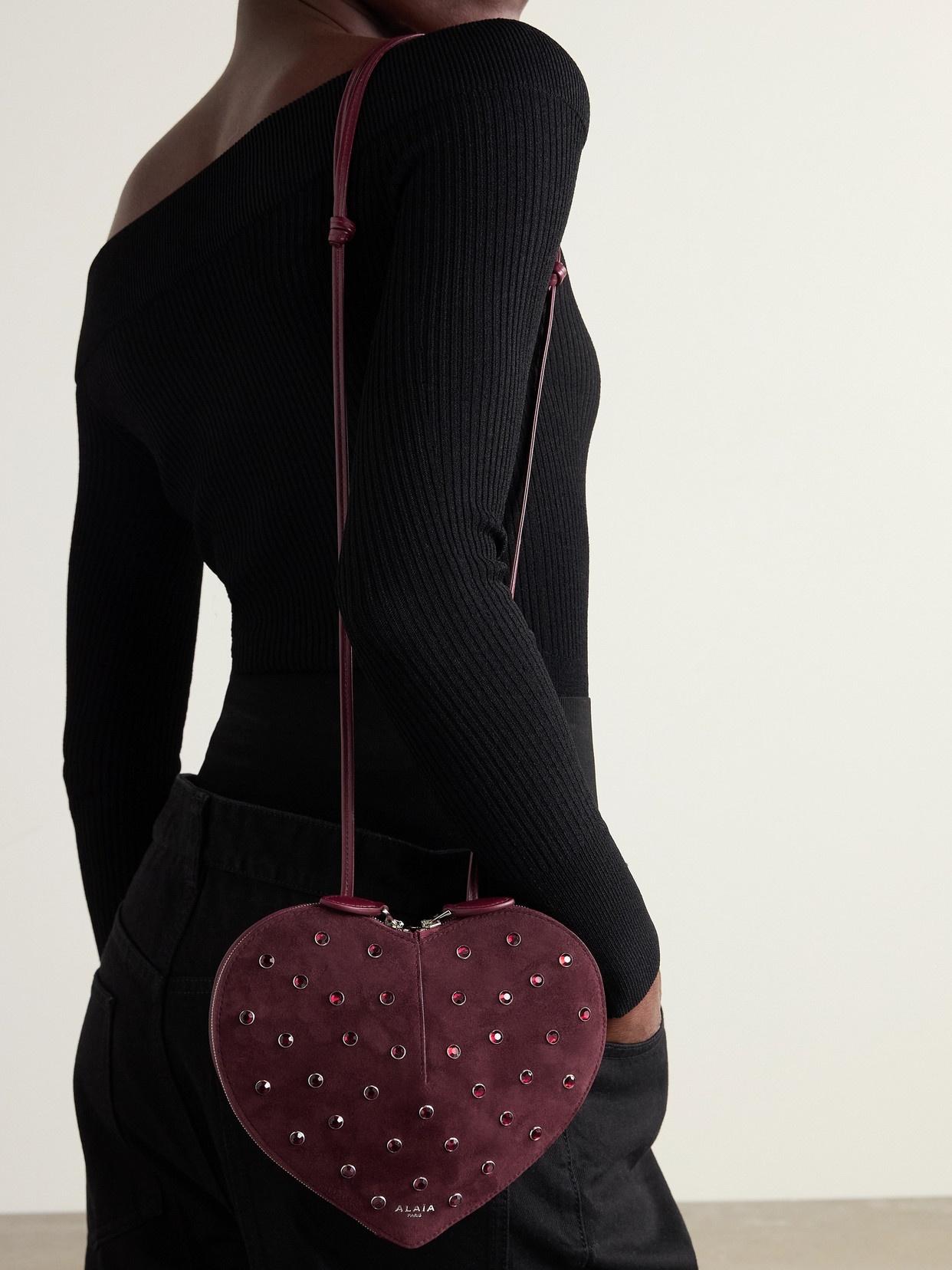 Alaïa Le Caur Crystal-embellished Suede Shoulder Bag In Burgundy