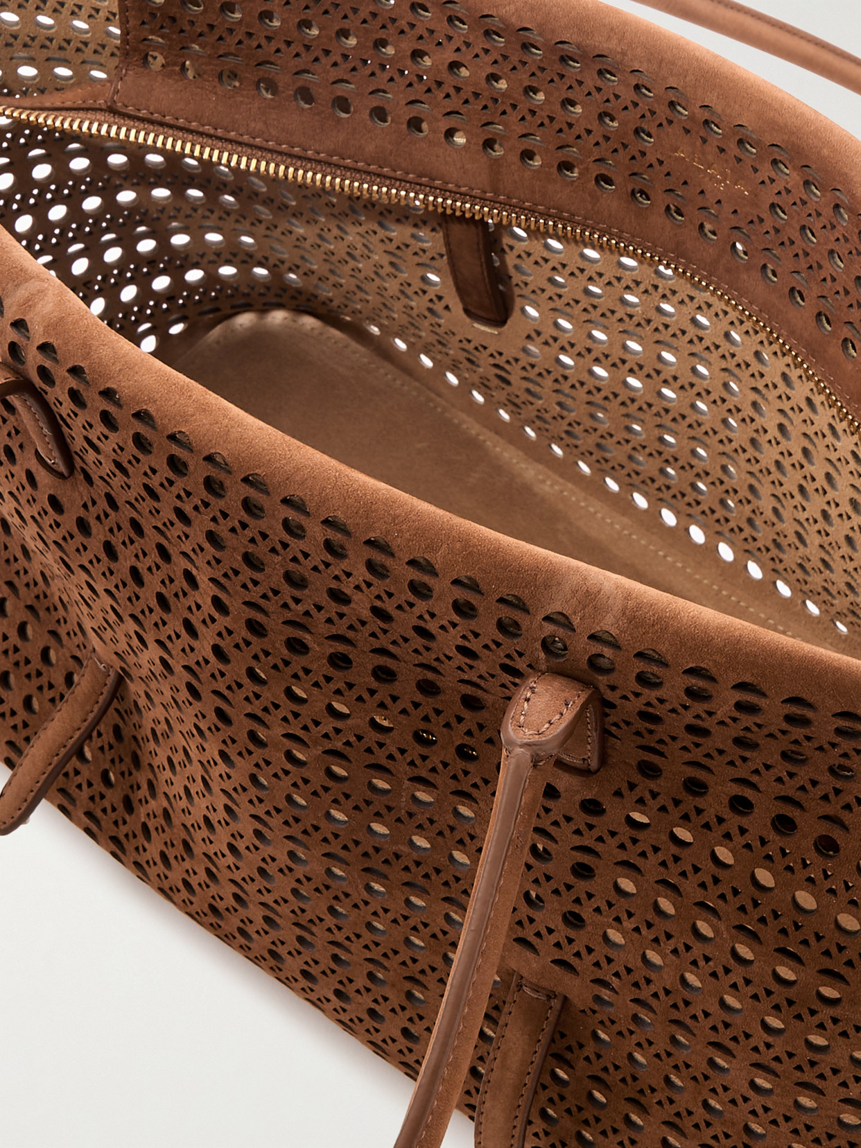 Alaïa Neo Mina Perforated Nubuck Tote In Brown