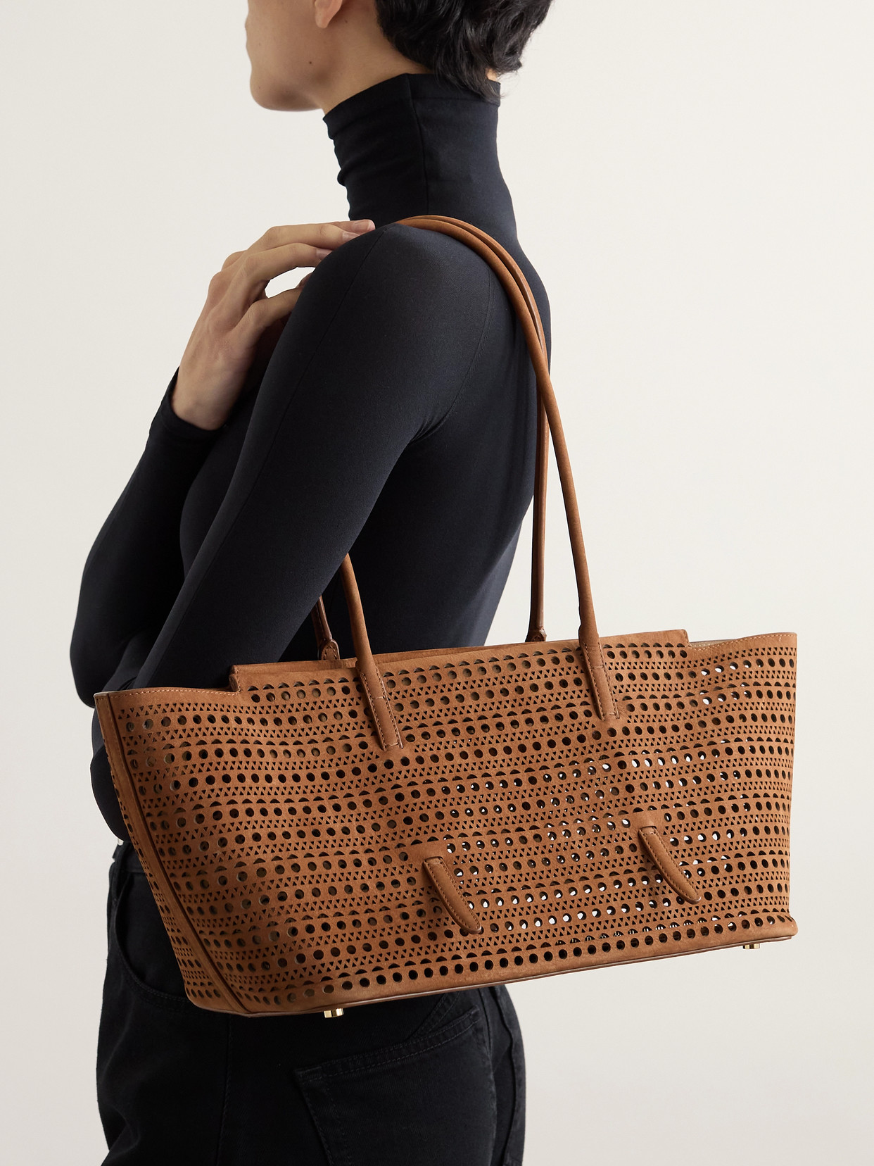 Alaïa Neo Mina Perforated Nubuck Tote In Brown