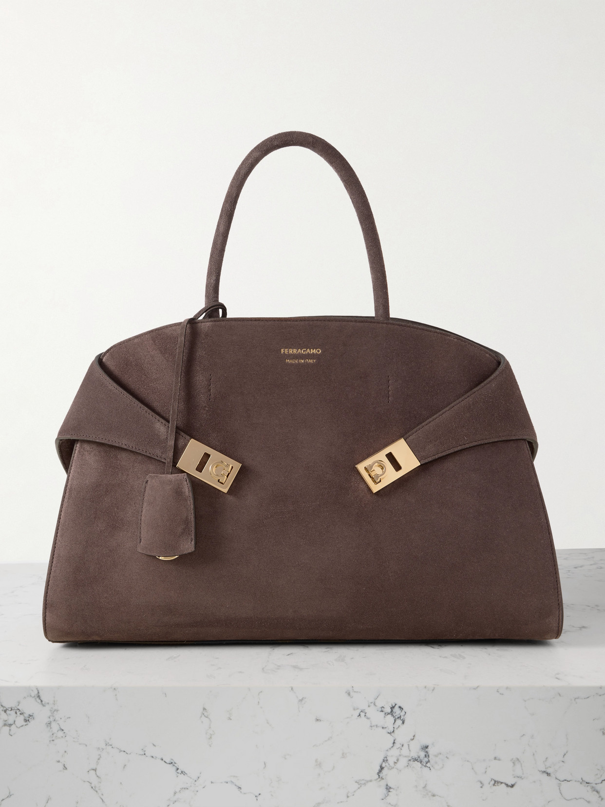 Shop Ferragamo Hug Suede Tote In Brown