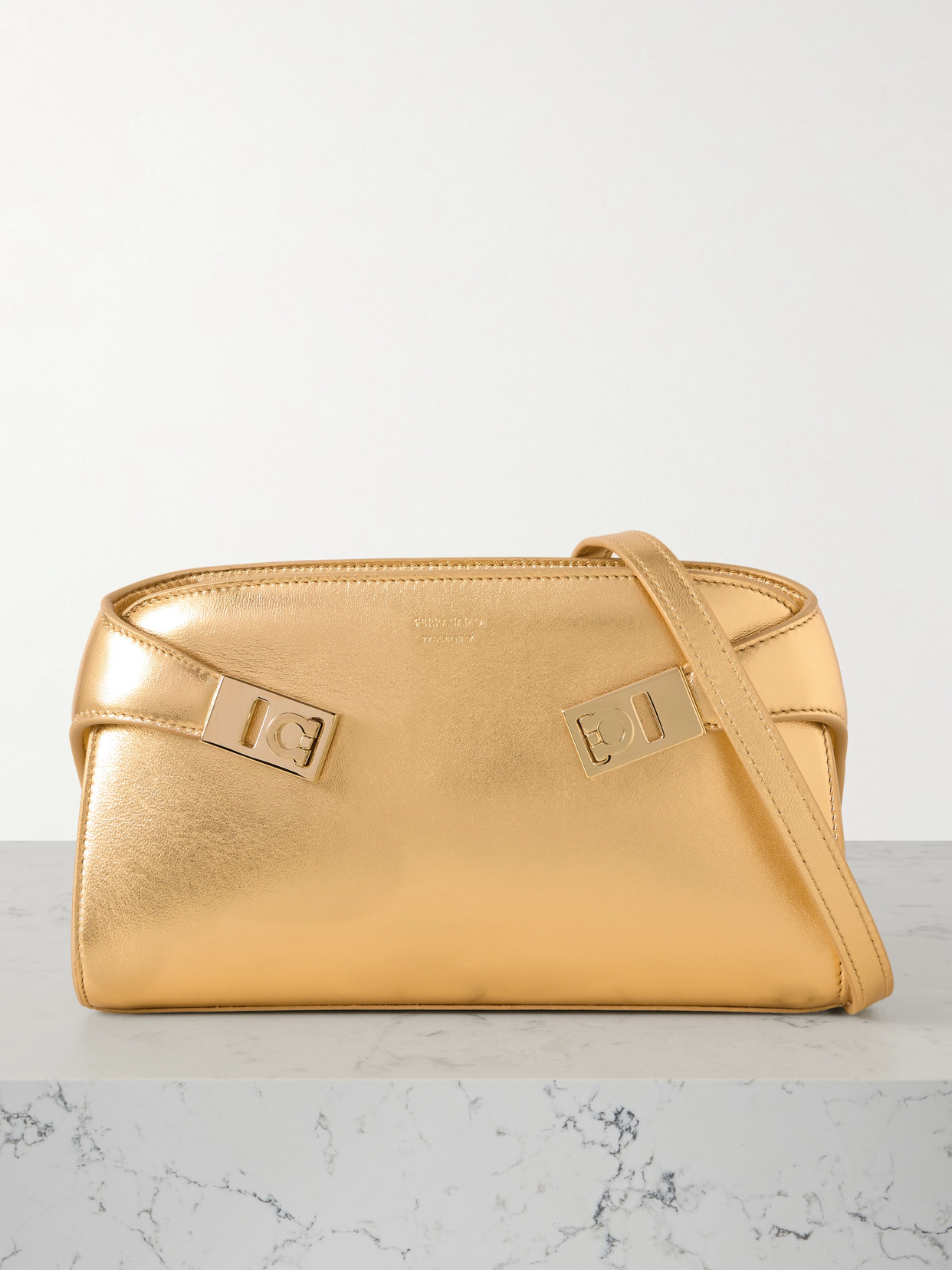 Ferragamo Hug Gancini Leather Shoulder Bag In Gold