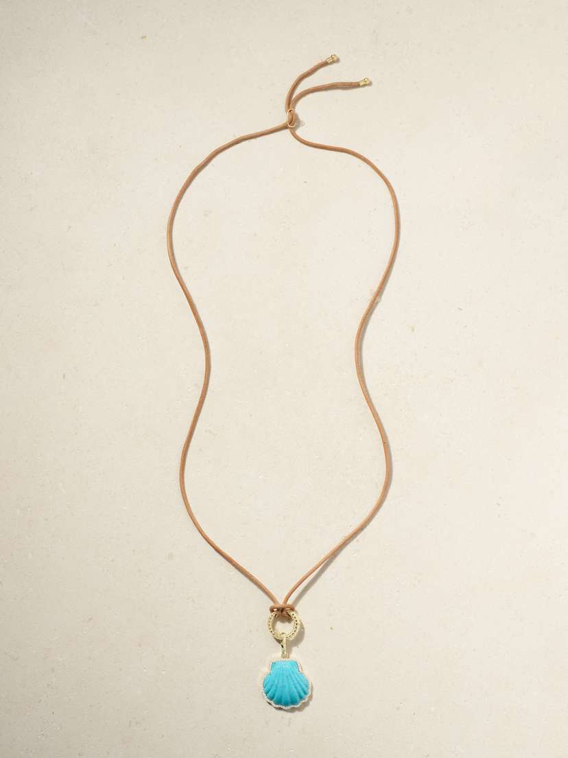 Jenna Blake Shell 18-karat Gold Leather, Turquoise And Diamond Necklace