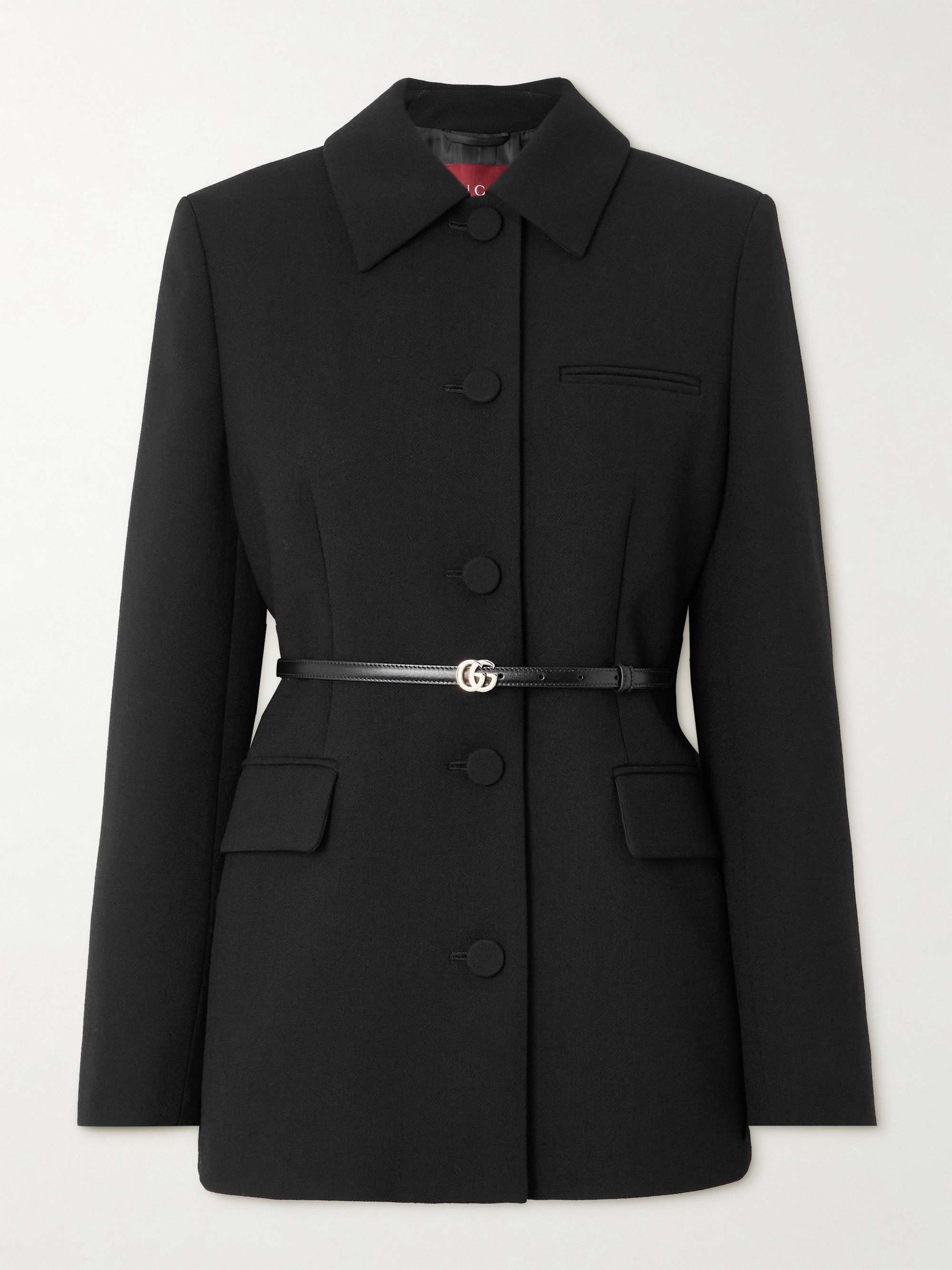 Belted leather trimmed wool jacket