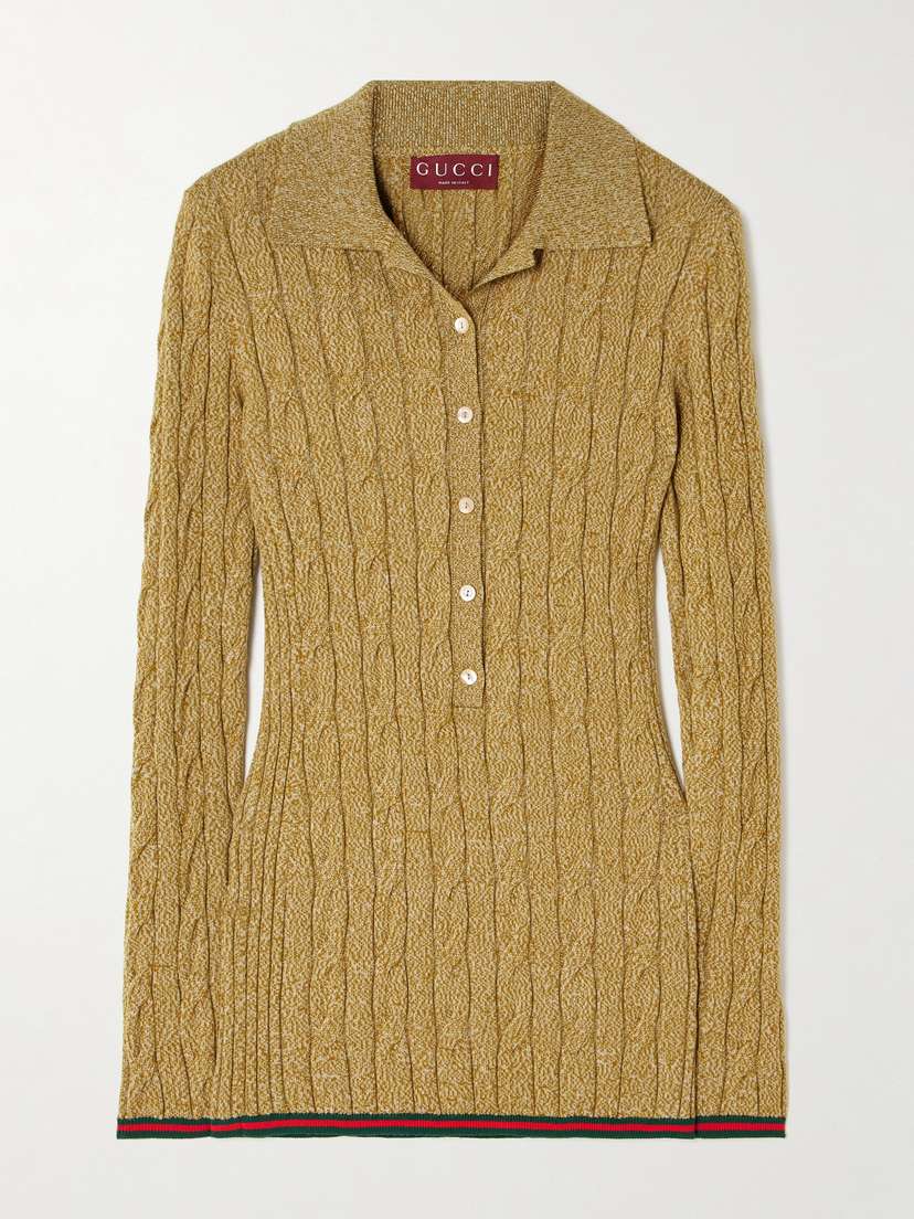 Gucci Striped Webbing-trimmed Cable-knit Wool Polo Shirt