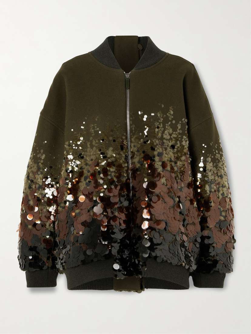 Gucci Oversized Belted Leather-trimmed Paillette-embellished Wool Bomber Jacket