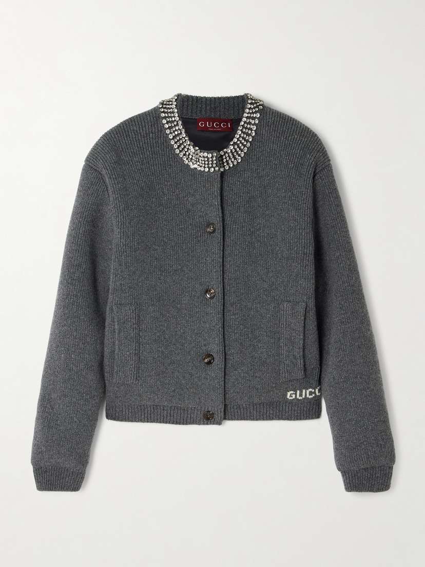 Gucci Crysta-embeished Intarsia-knit Padded Ribbed Woo Cardigan