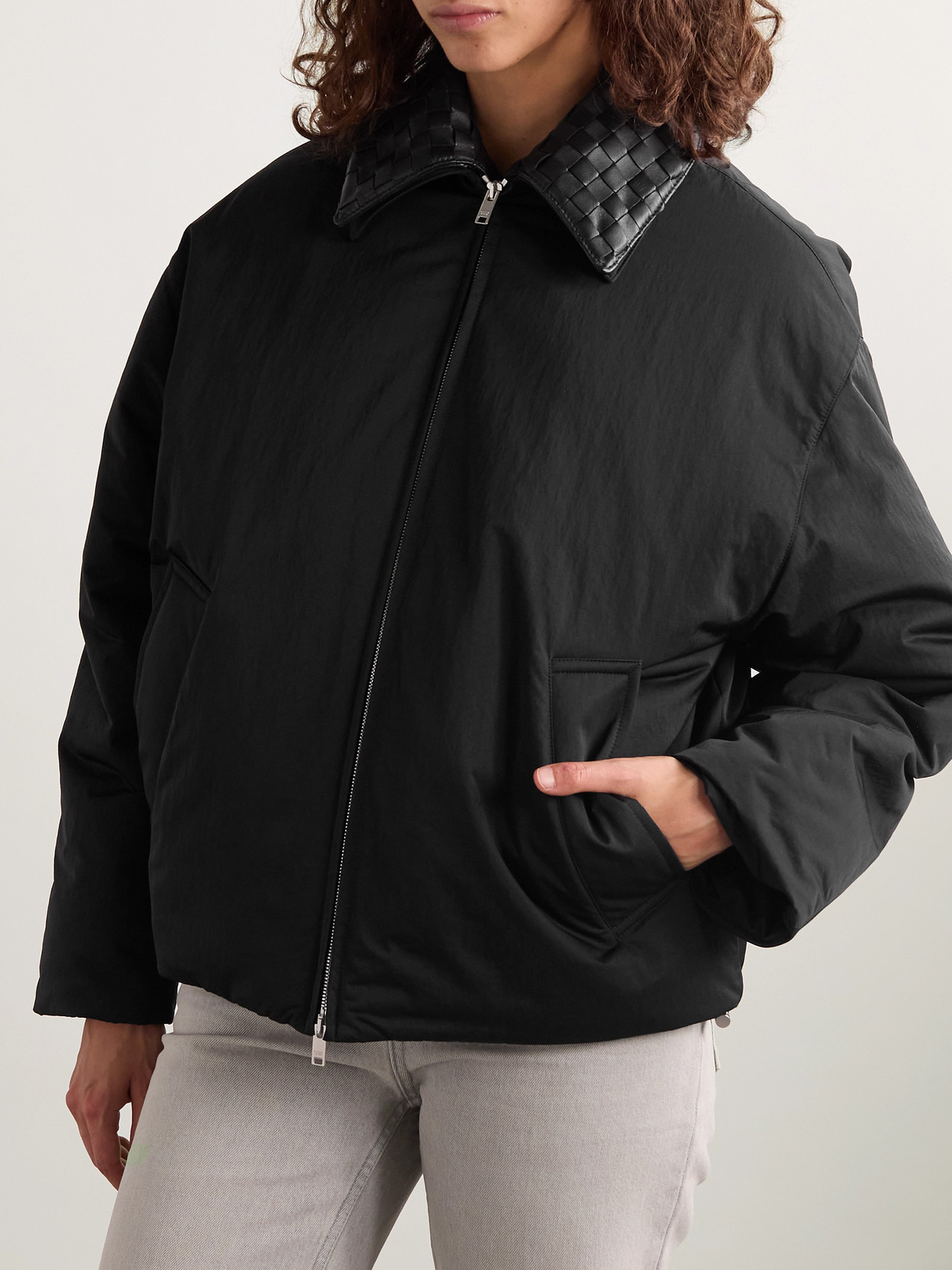BOTTEGA VENETA INTRECCIATO LEATHER-TRIMMED SHELL DOWN JACKET