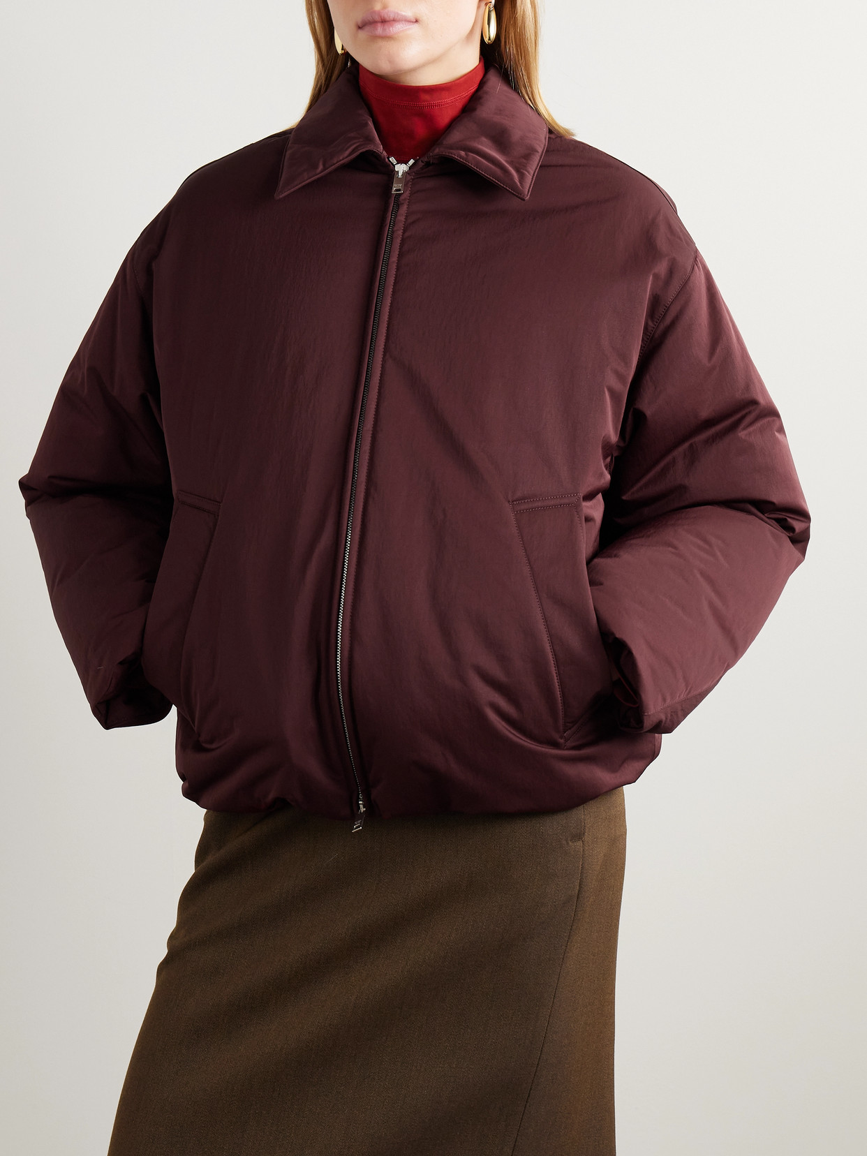 Shop Bottega Veneta Intrecciato Leather-trimmed Shell Down Jacket In Burgundy