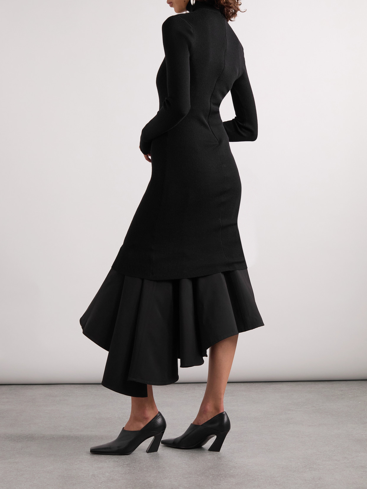 Bottega Veneta Asymmetric Satin-trimmed Ribbed-knit Turtleneck Midi Dress In Black
