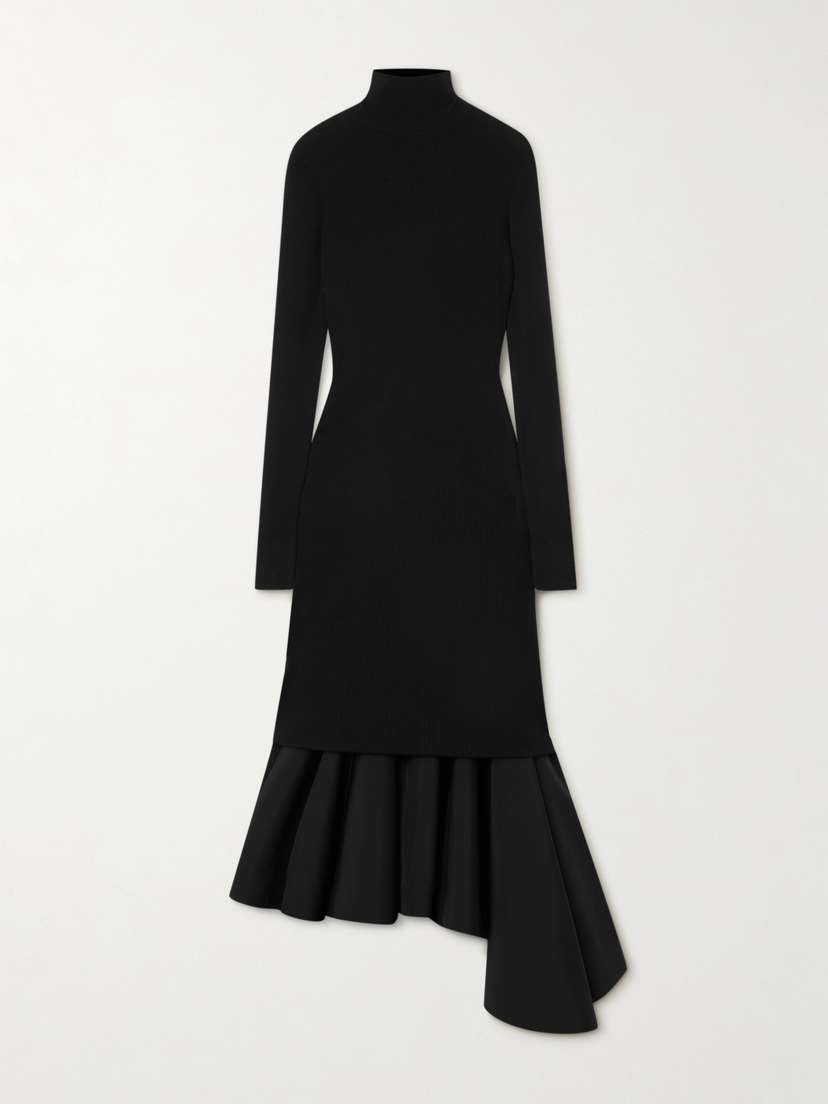 Bottega Veneta Asymmetric Satin-trimmed Ribbed-knit Turtleneck Midi Dress