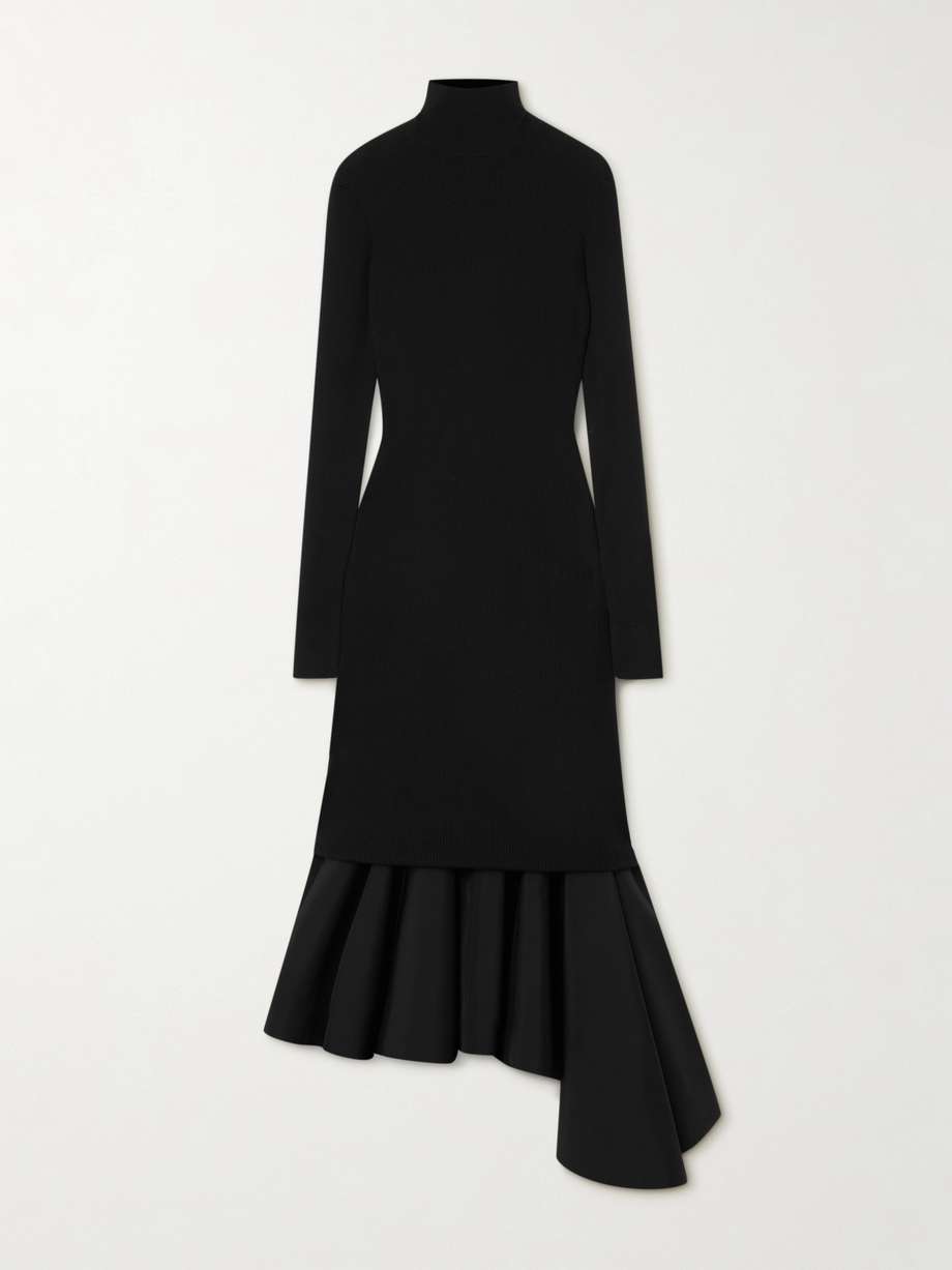 asymmetric satin-trimmed ribbed-knit turtleneck midi dress
