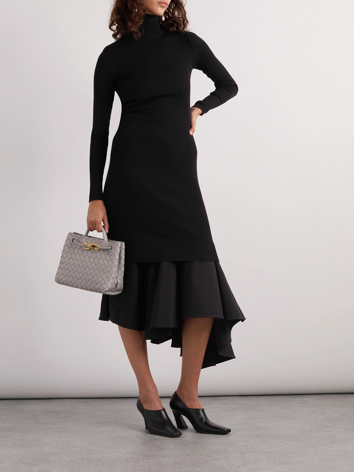 Bottega Veneta Asymmetric Satin-trimmed Ribbed-knit Turtleneck Midi Dress In Black