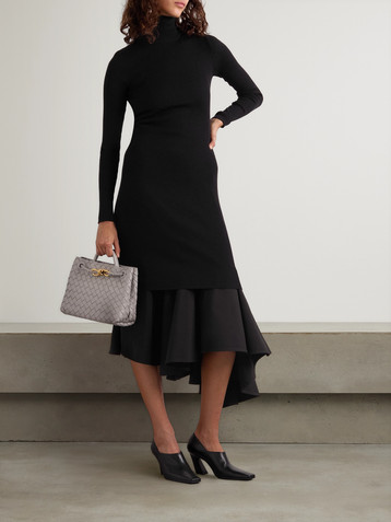 Bottega Veneta Asymmetric satin-trimmed ribbed-knit turtleneck midi dress