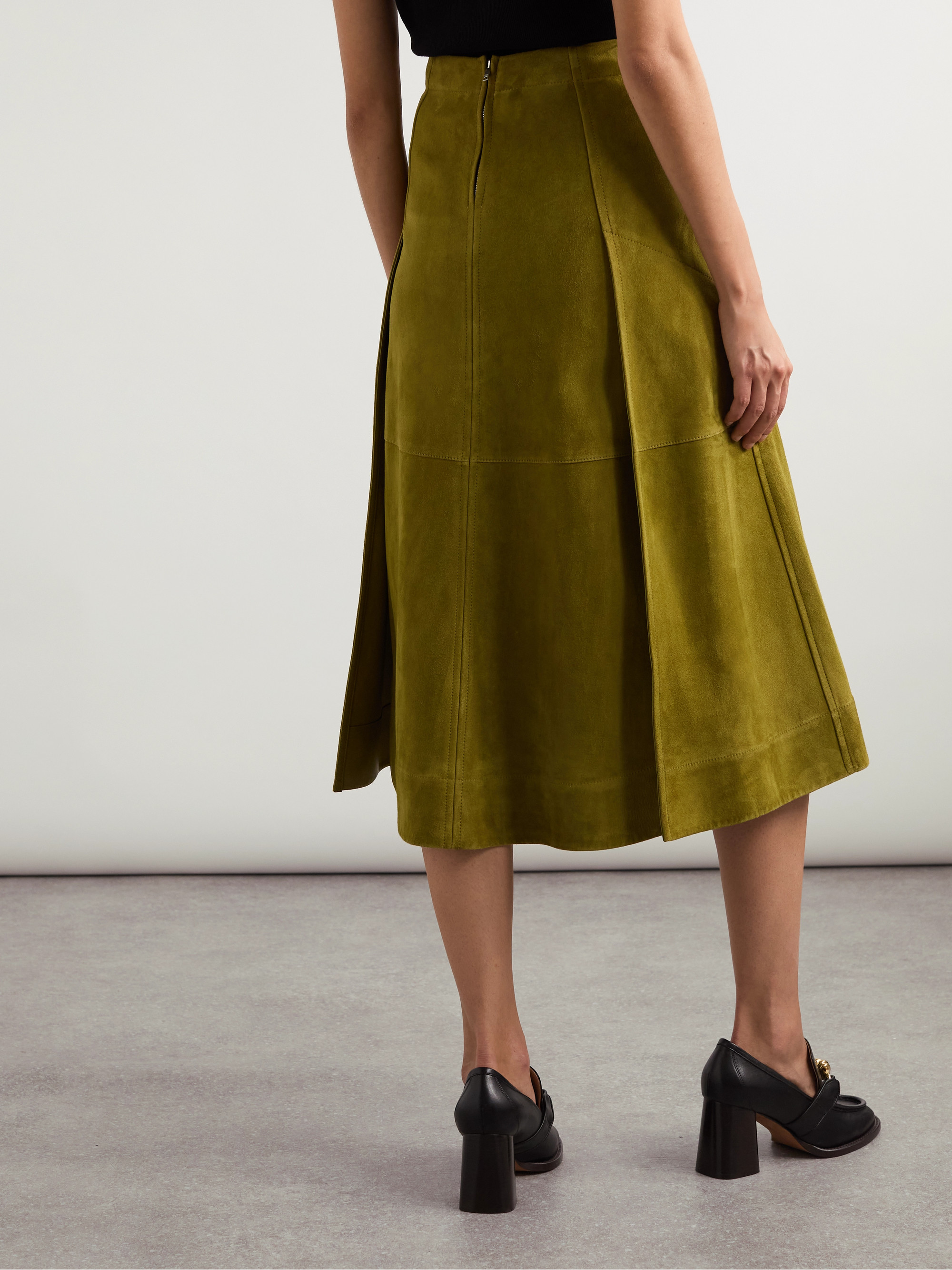 Bottega Veneta Pleated paneled suede midi skirt