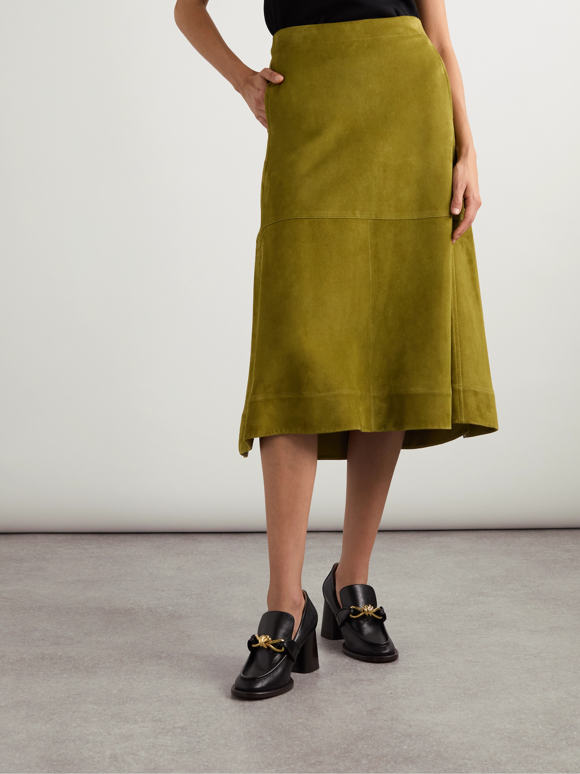 Bottega Veneta Pleated paneled suede midi skirt