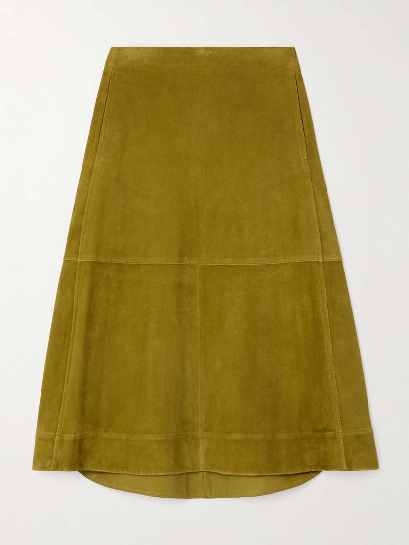 Bottega Veneta Pleated Paneled Suede Midi Skirt