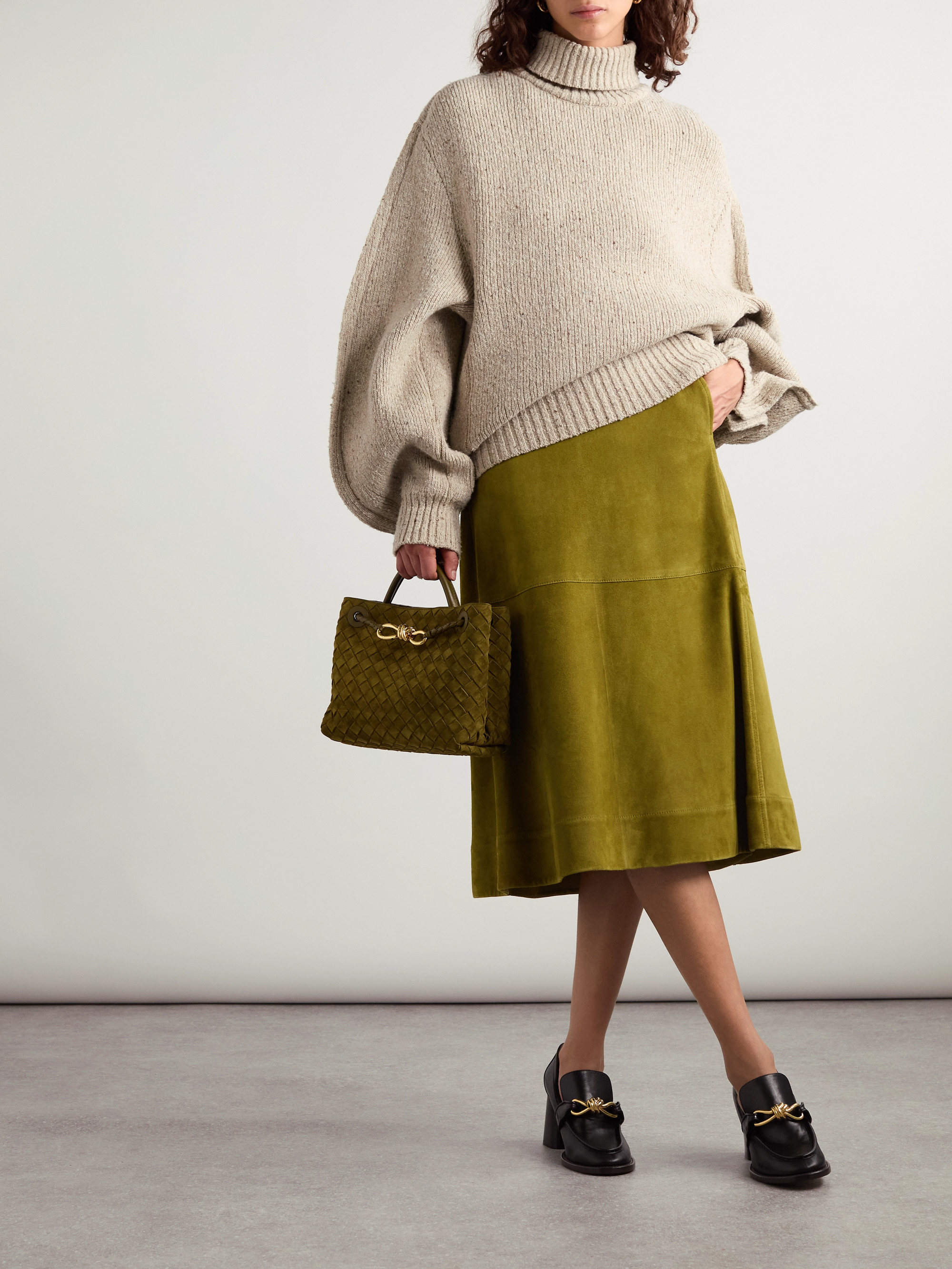 Bottega Veneta Pleated paneled suede midi skirt