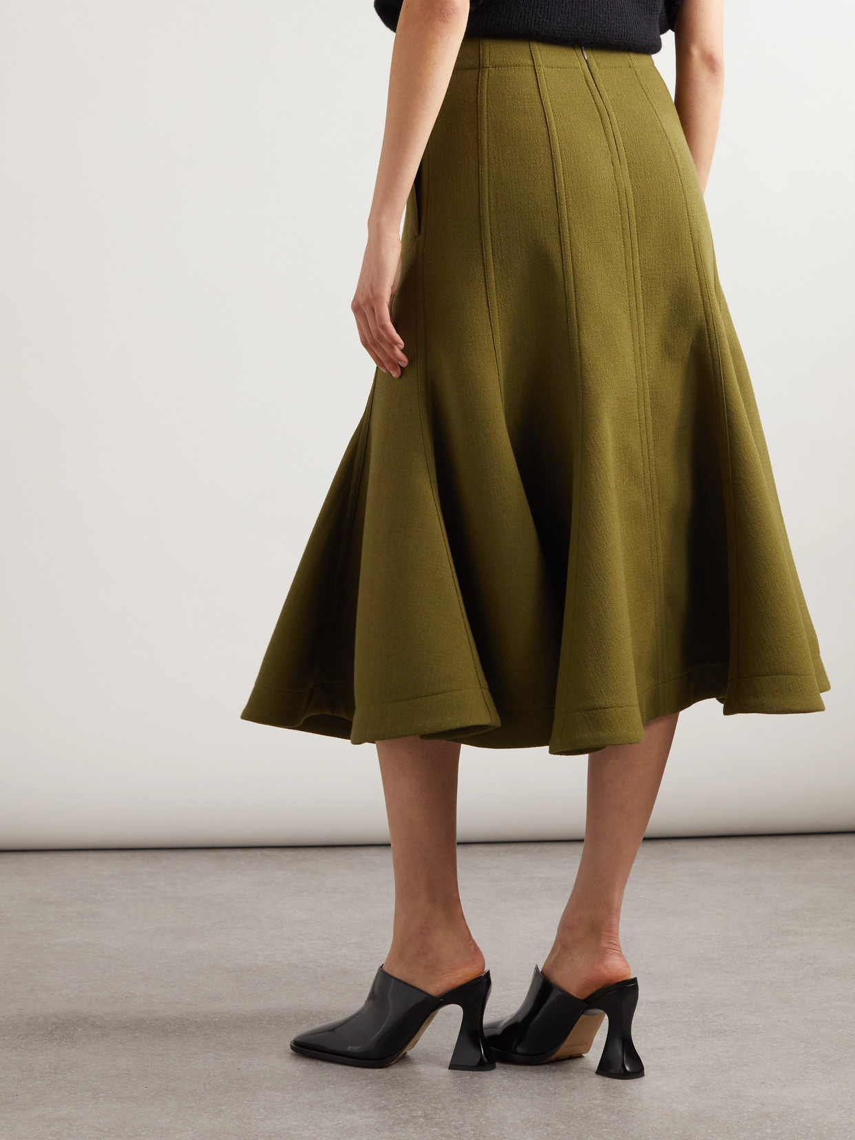 Shop Bottega Veneta Paneled Pleated Wool-crepe Midi Skirt In Green