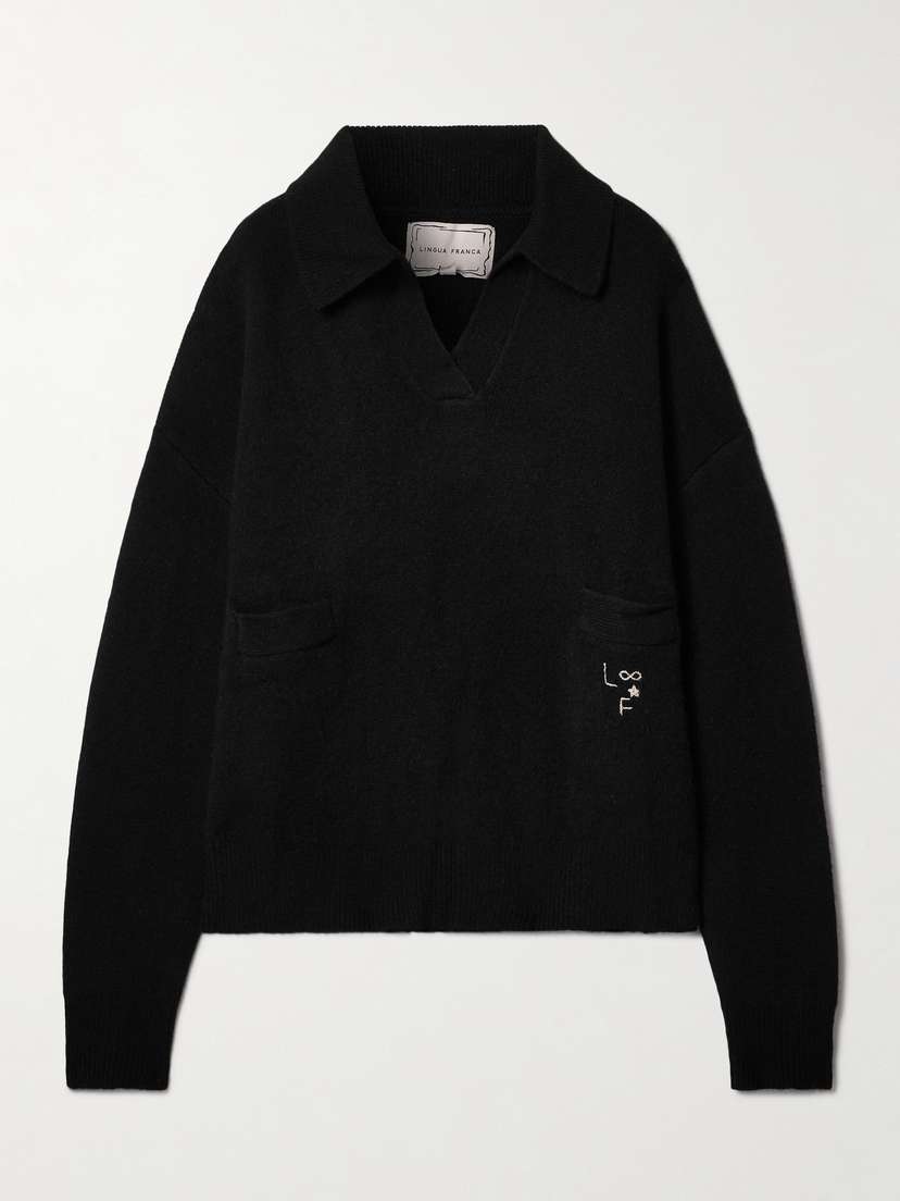 LINGUA FRANCA Charlie Oversized Embroidered Cashmere-blend Polo Sweater - x large
