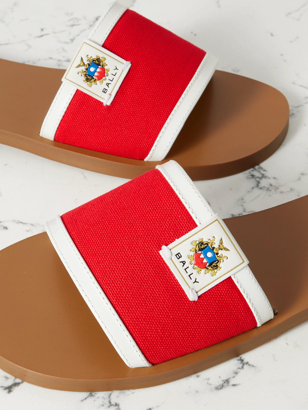BALLY SOLLIE LEATHER-TRIMMED CANVAS SLIDES