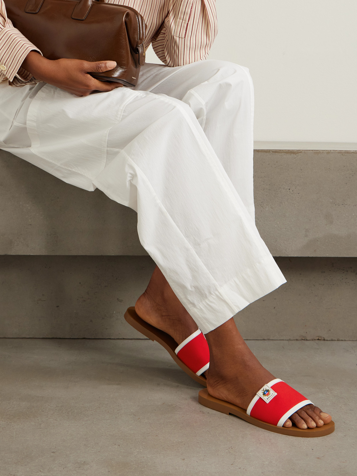 BALLY SOLLIE LEATHER-TRIMMED CANVAS SLIDES