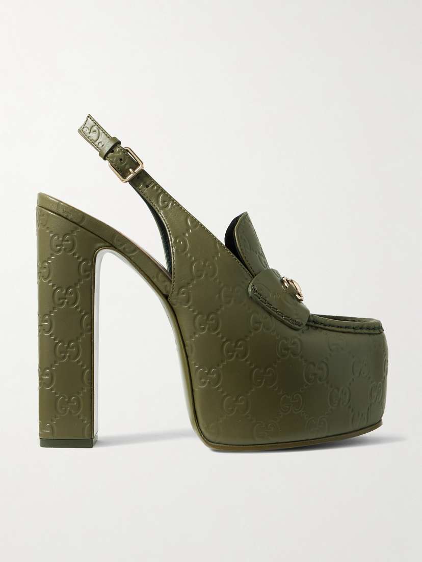 Gucci Horsebit-embellished Logo-debossed Leather Platform Slingback Pumps