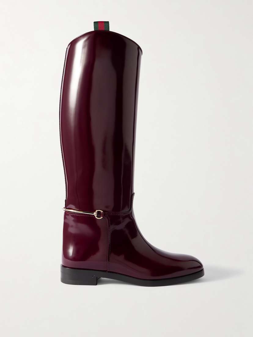 Gucci Webbing-trimmed Horsebit-embellished Patent-leather Knee Boots