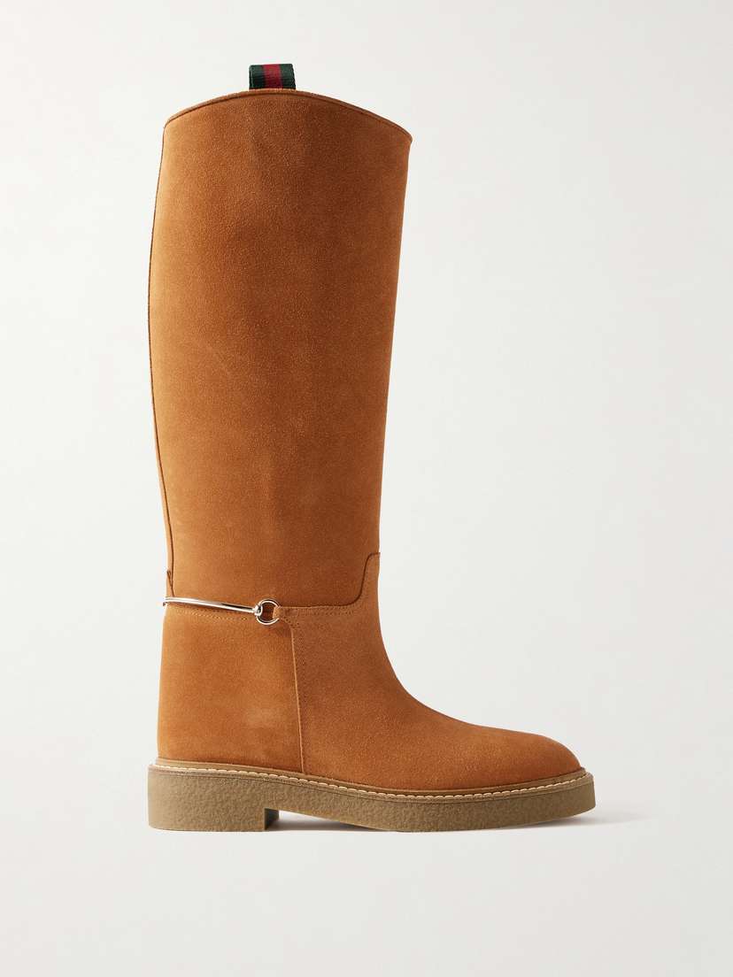 Gucci Edith Horsebit-detailed Webbing-trimmed Suede Knee Boots