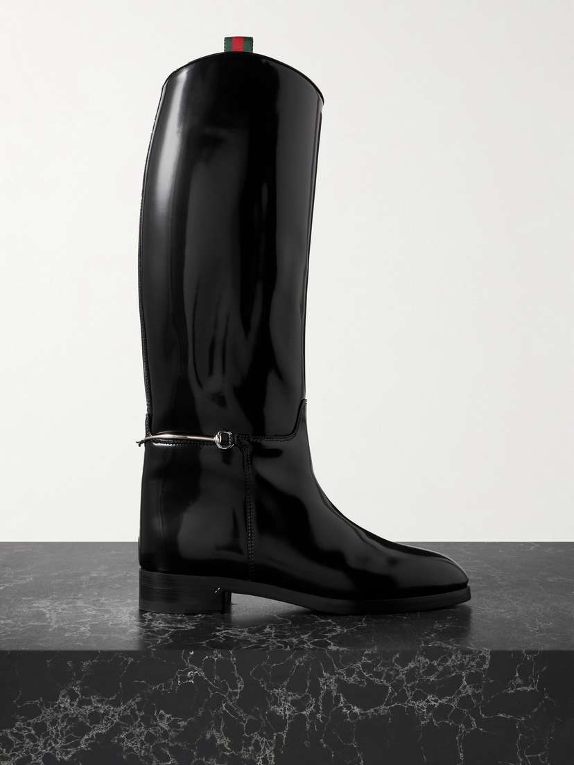 Gucci Canvas-trimmed Horsebit-embellished Patent-leather Knee Boots