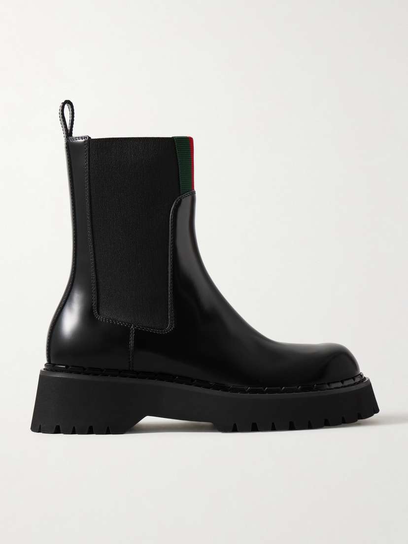 Gucci Thea Webbing-trimmed Glossed-leather Chelsea Boots