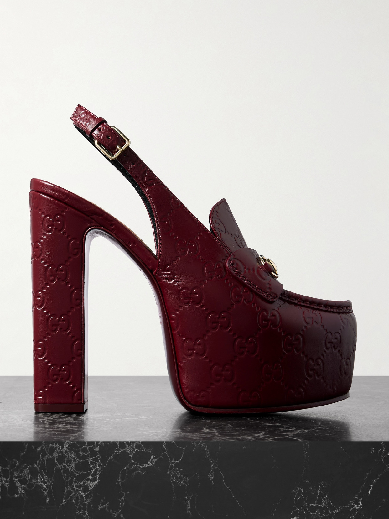 Gucci Horsebit-embellished Logo-debossed Leather Platform Slingback Pumps In Burgundy