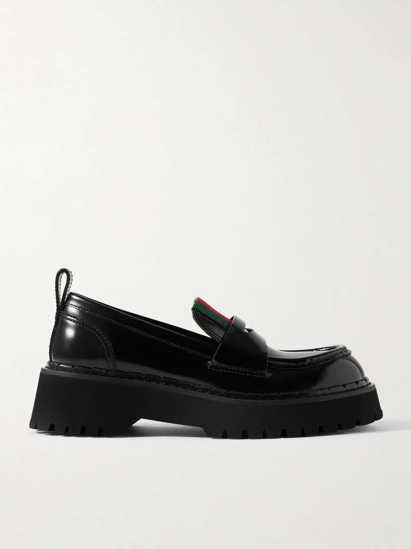 Gucci Thea Webbing-trimmed Patent-leather Loafers