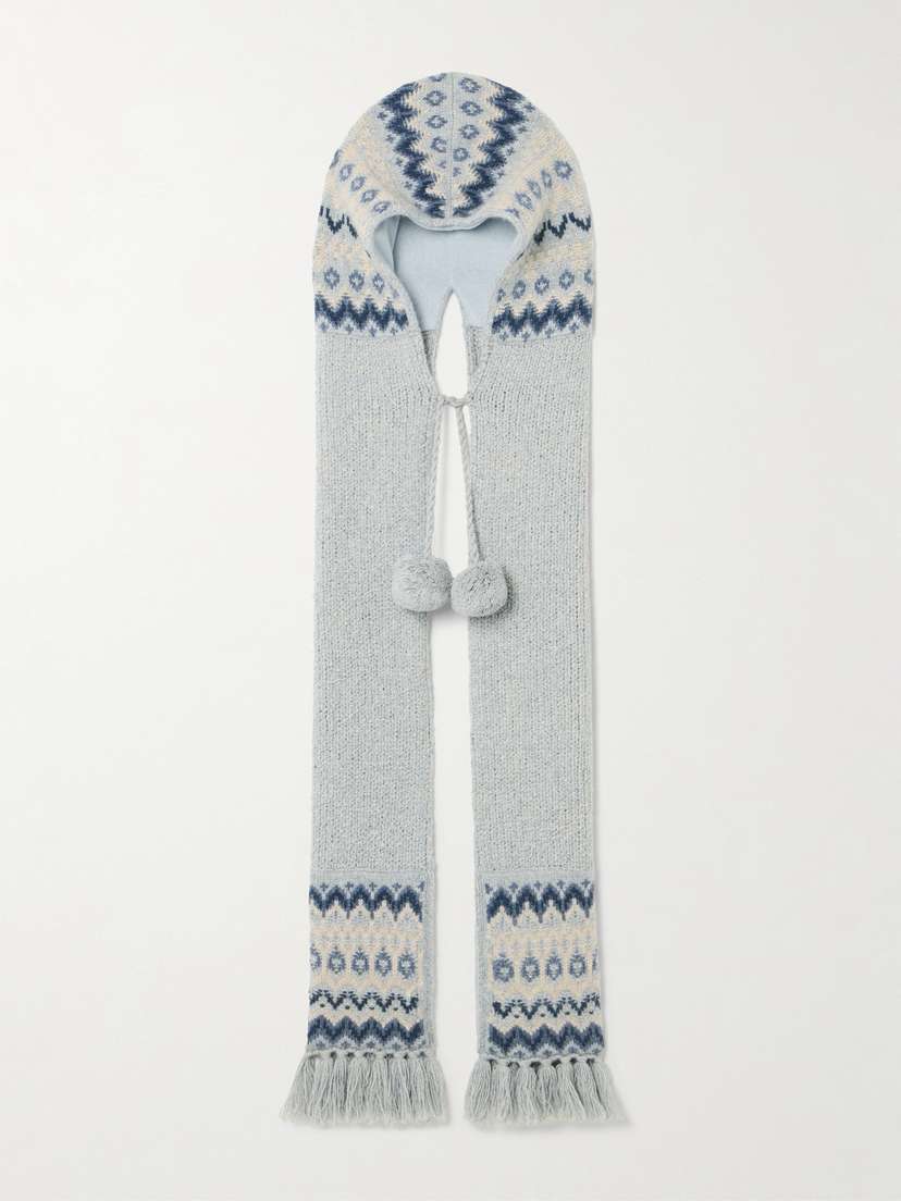 Loro Piana Alpe Pile Fringed Fair Isle Cashmere Hooded Scarf