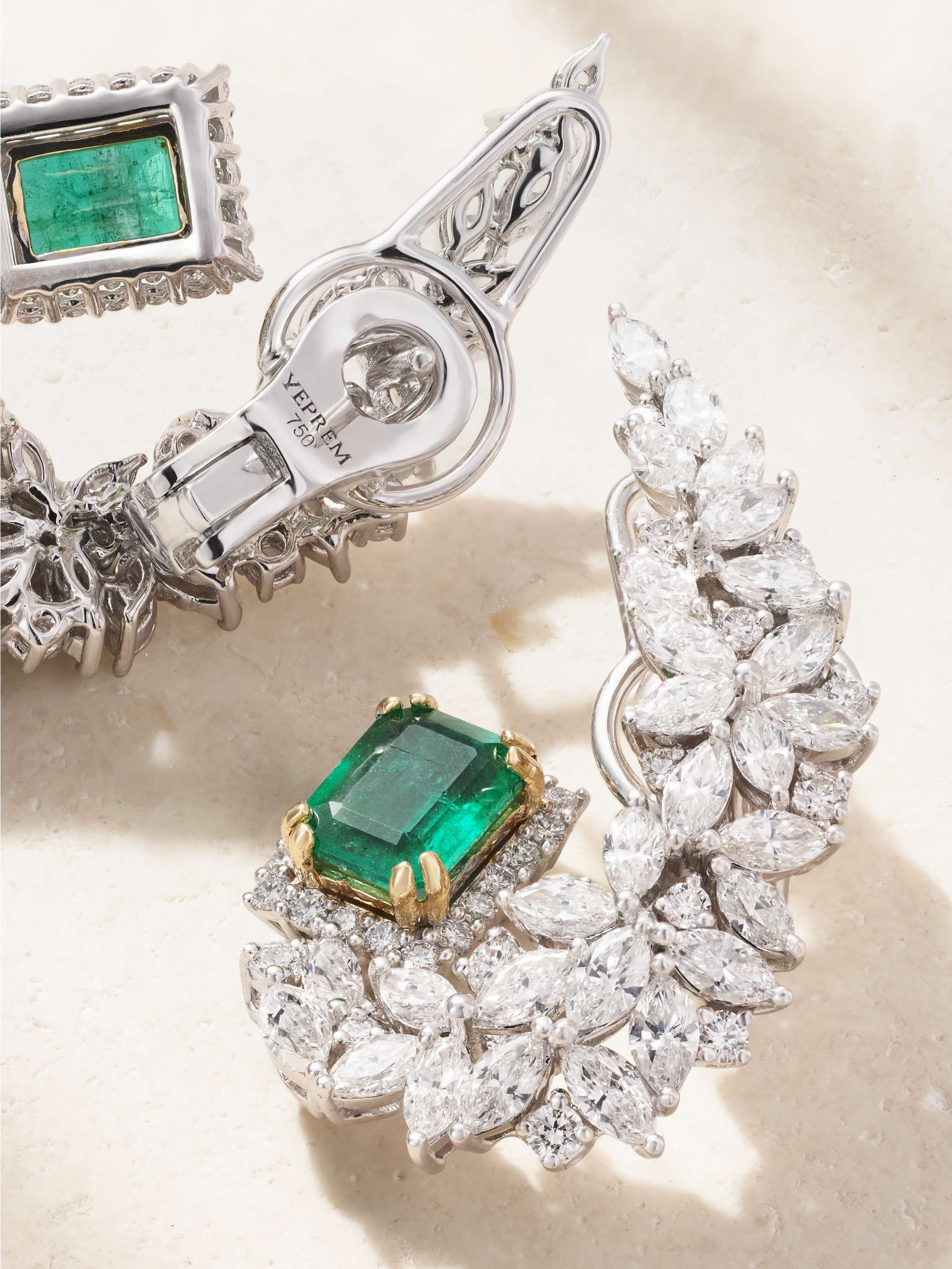 YEPREM 18-karat white gold, emerald and diamond earrings