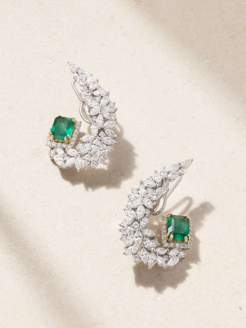 YEPREM 18-karat White And Yellow Gold, Emerald And Diamond Earrings