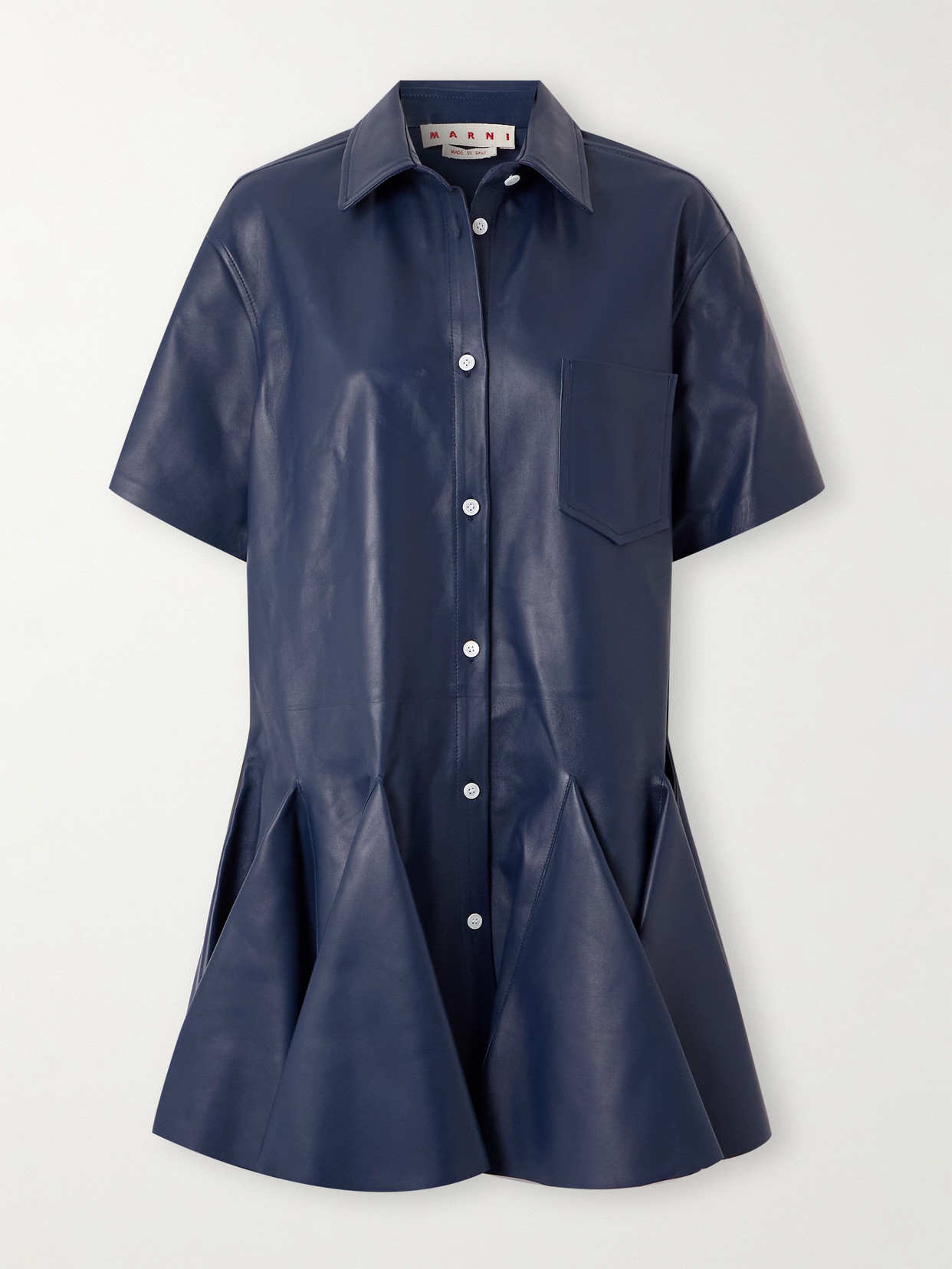Marni Pleated Leather Mini Shirt Dress In Blue